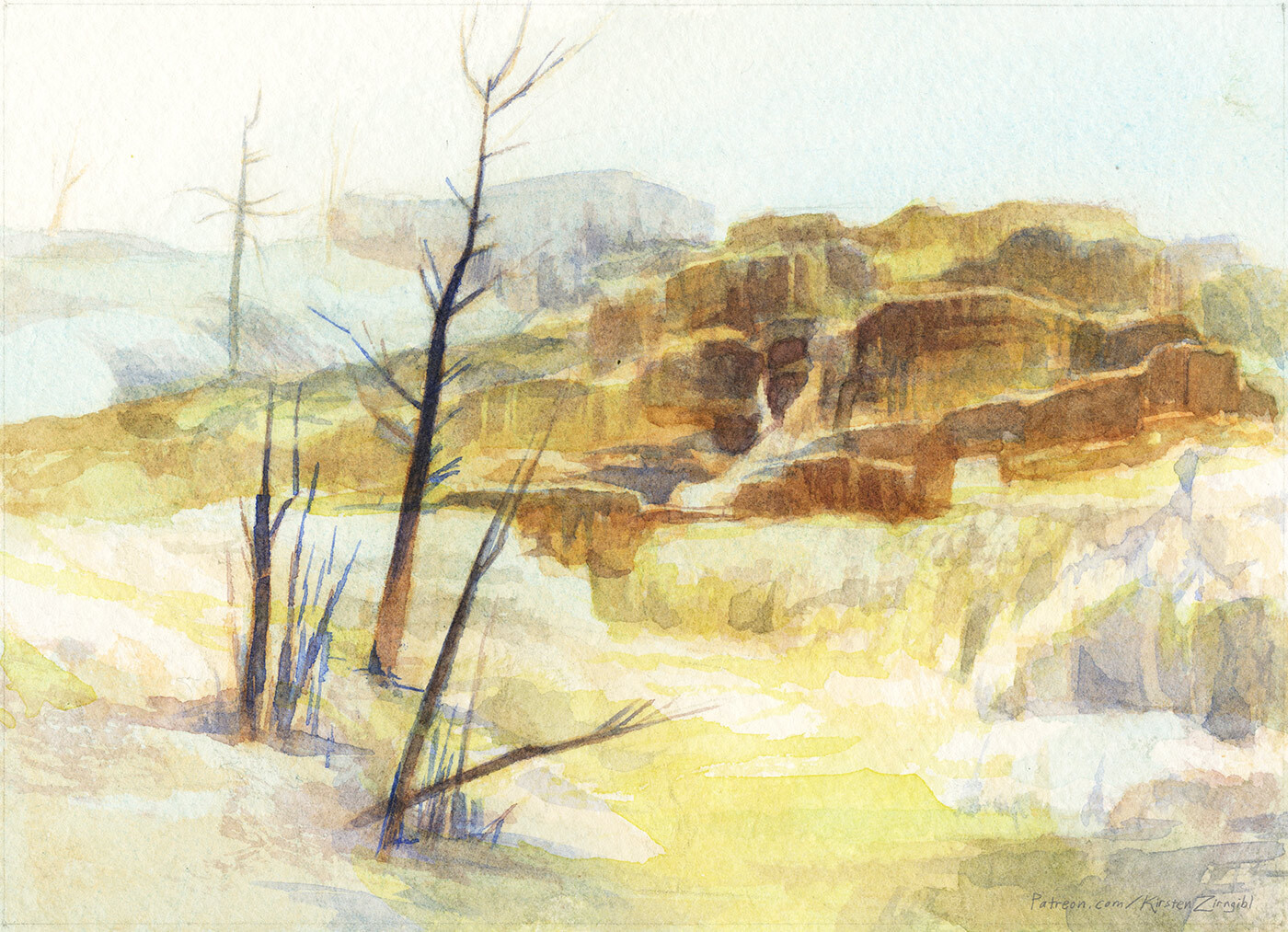 Watercolor study of Mammoth Hot Springs at Yellowstone National Park.  2019
