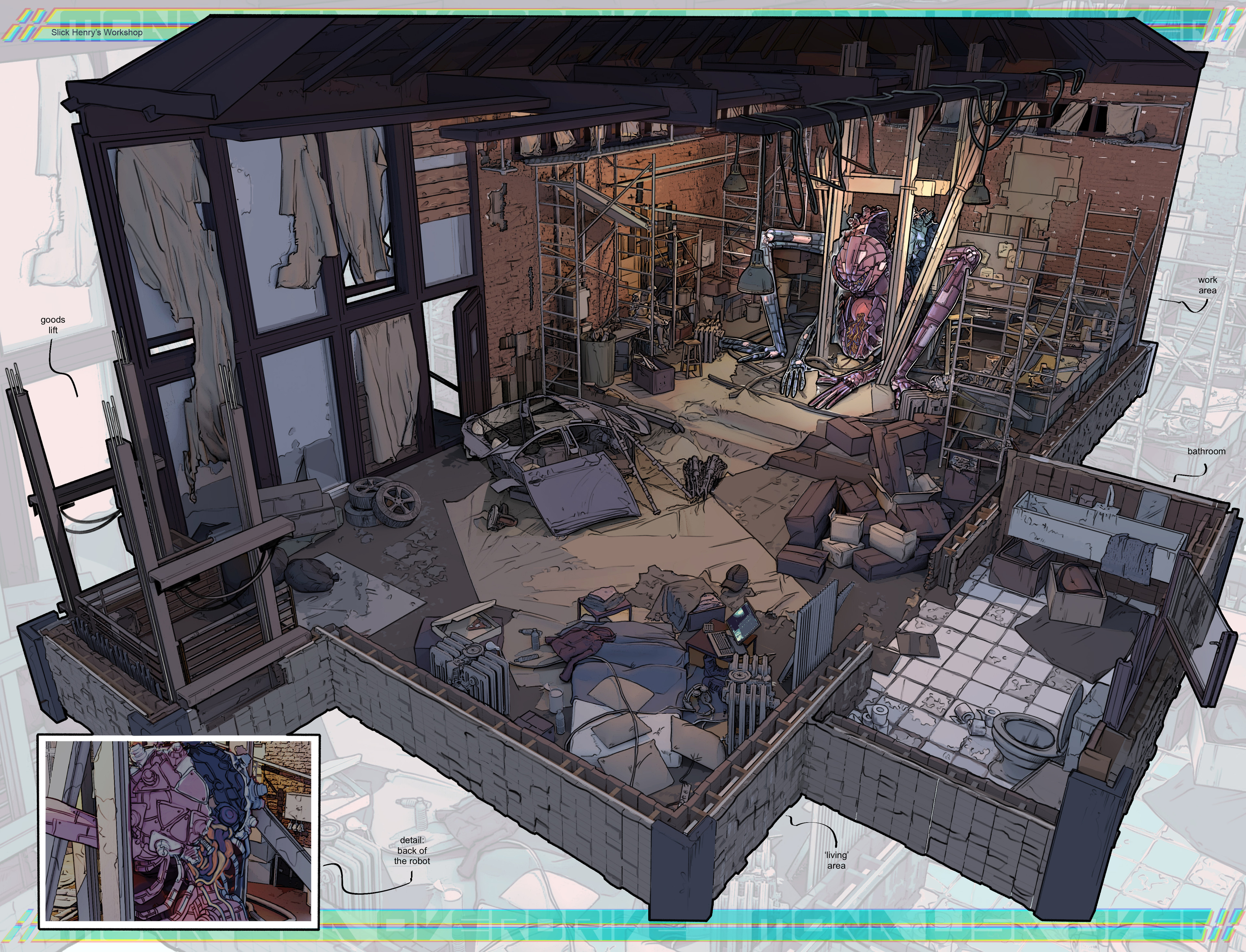 hideout/workspace of Slick Henry where he builds his sculptures with ramshackle equipment and parts he scavenges wherever he can find them.
