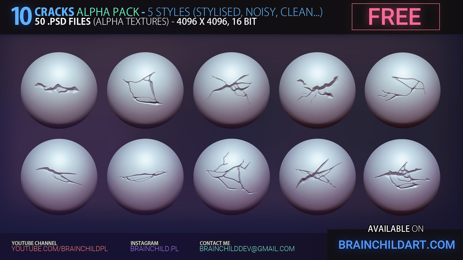 GRAB IT https://www.artstation.com/a/578230 |  [FREE] 10 Cracks ALPHA PACK (+Video How to install) - 50 .PSD files | 5 styles (Clean, Stylised Damage, Noisy Damage...) | Zbrush, Blender &amp; Substance! Damage, Cracks Stylised Alpha Textures