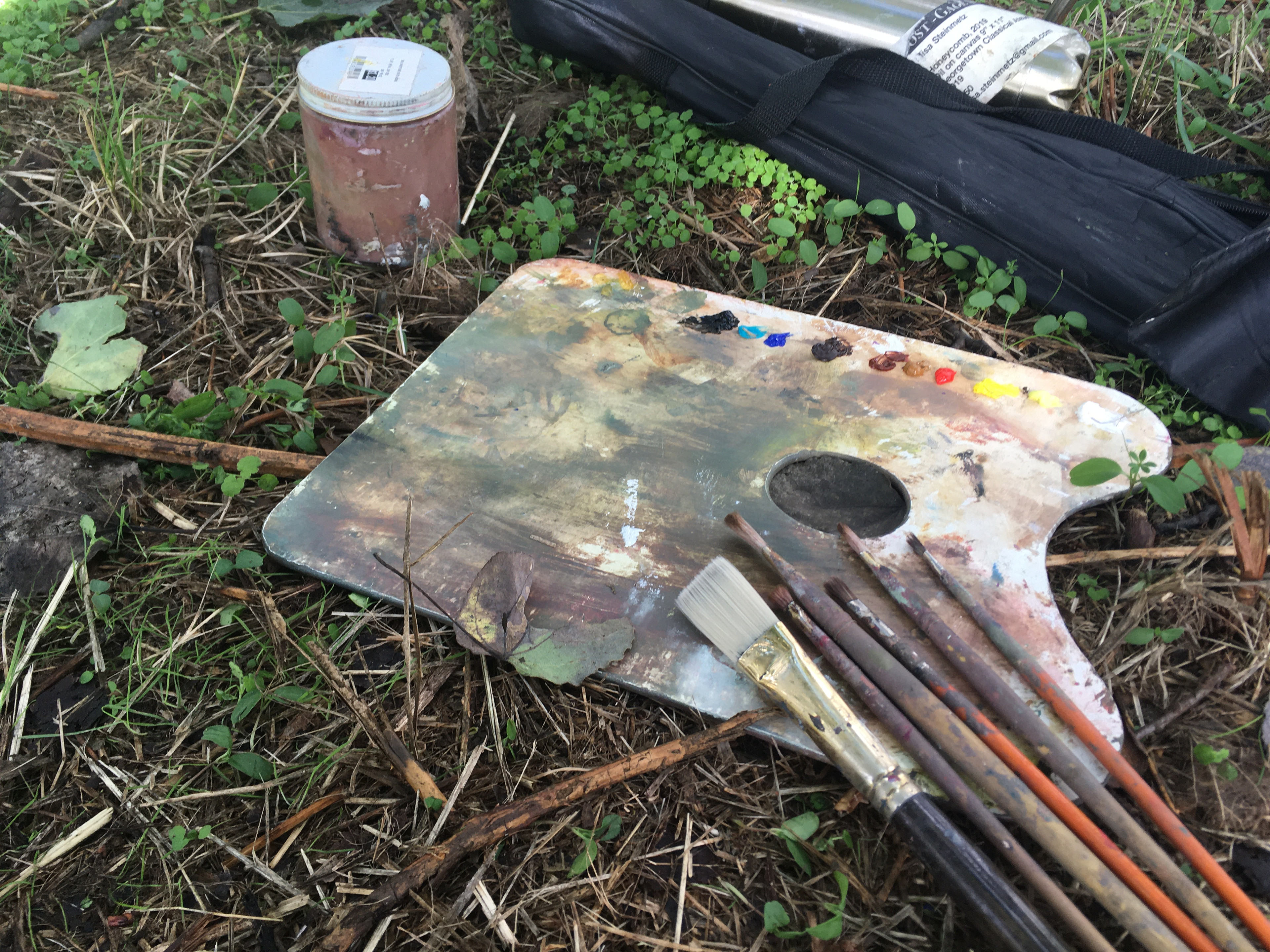 For my set up, I like using a small hand-held palette, various brush sizes, gamsol in a glass jar, and oil paints. I also bring along a foldup chair and a light red easel so I can clip my painting to it. 