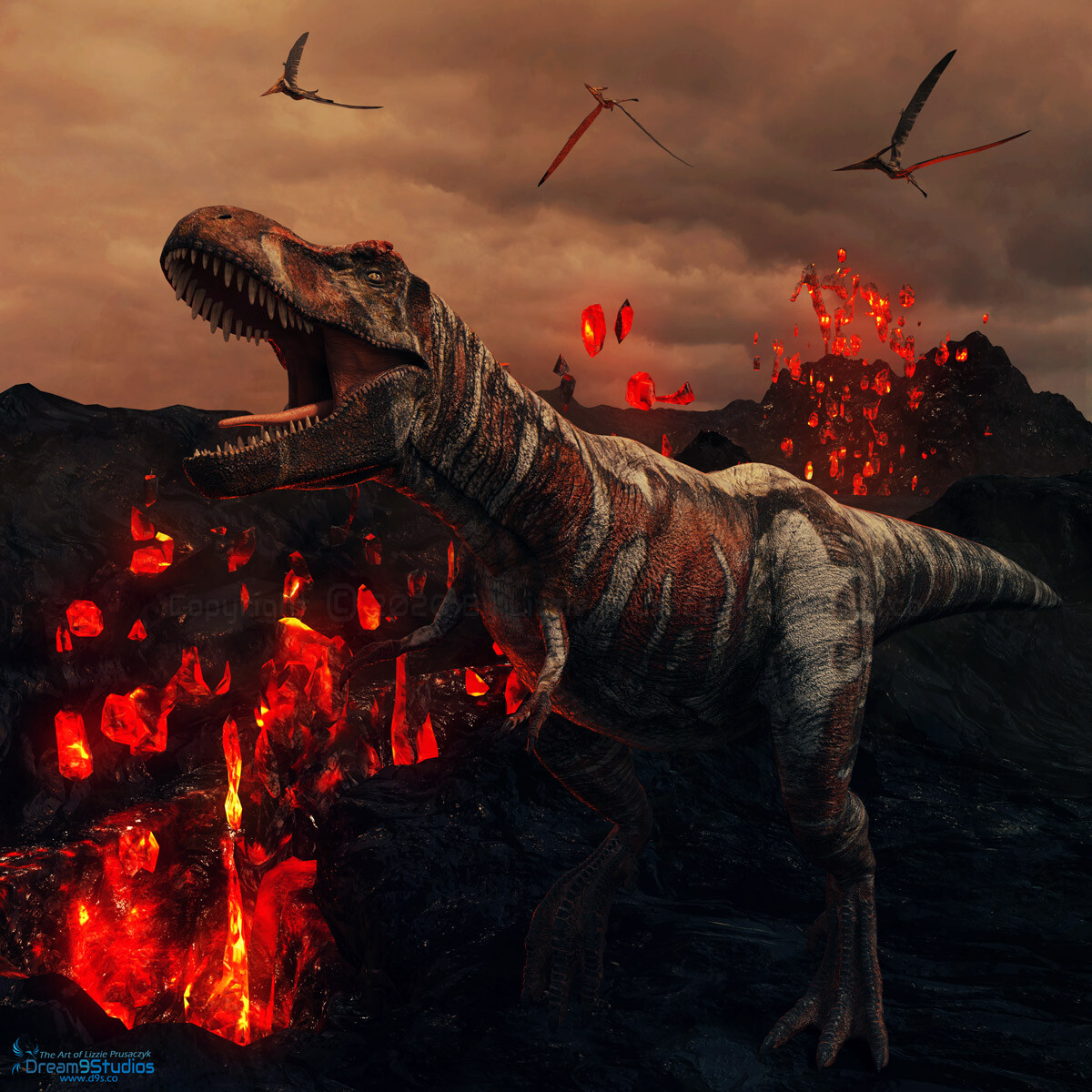 The massive Tyrannosaur is on the hunt through the volcanic landscape as the Pteranodons fly carefully above waiting to pick clean the scraps.
