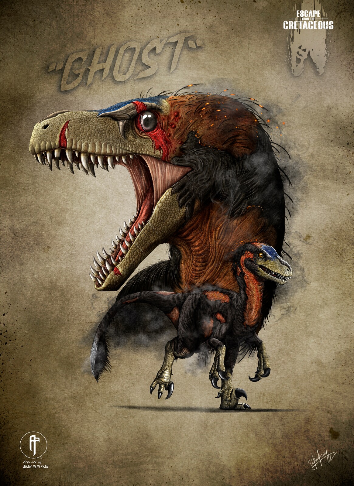 A promotional poster of a burnt and grizzled adult Dromeosaurus called Ghost.