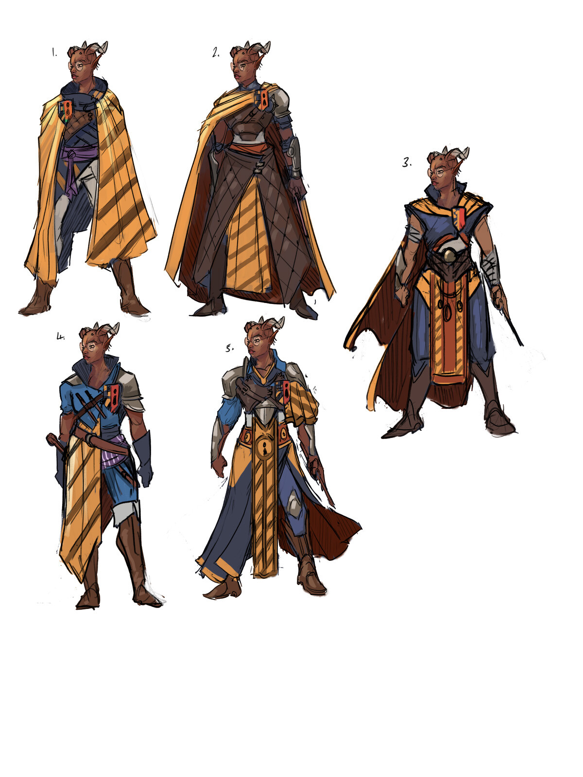 Initial designs for the warmages. It was established early on that warmages belonging to one of the 4 main houses would wear their houses colours, mixed in with their own personal heraldic designs.