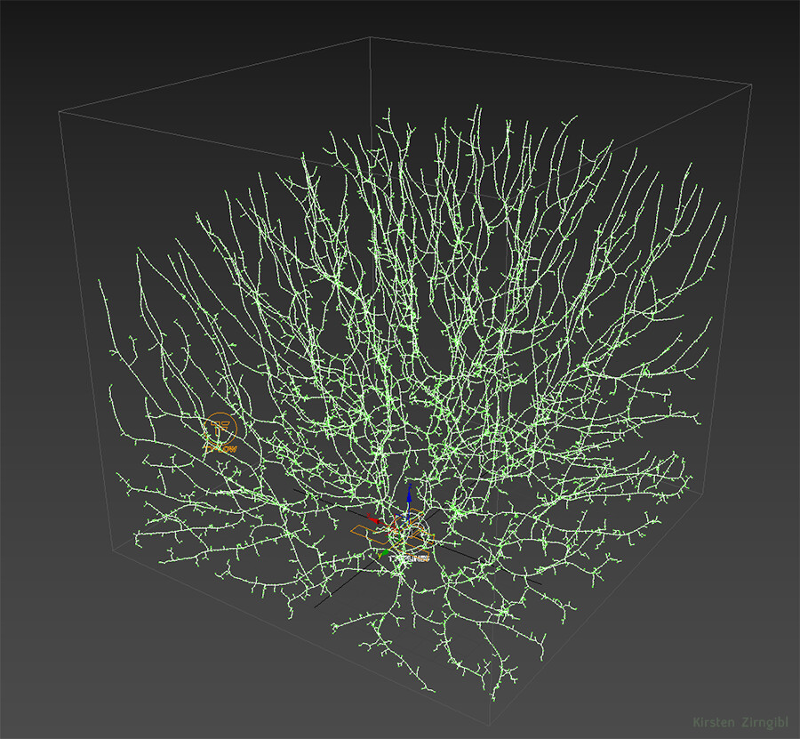 Particle-based space filling growth in TyFlow, a new VFX plugin in 3DS Max.