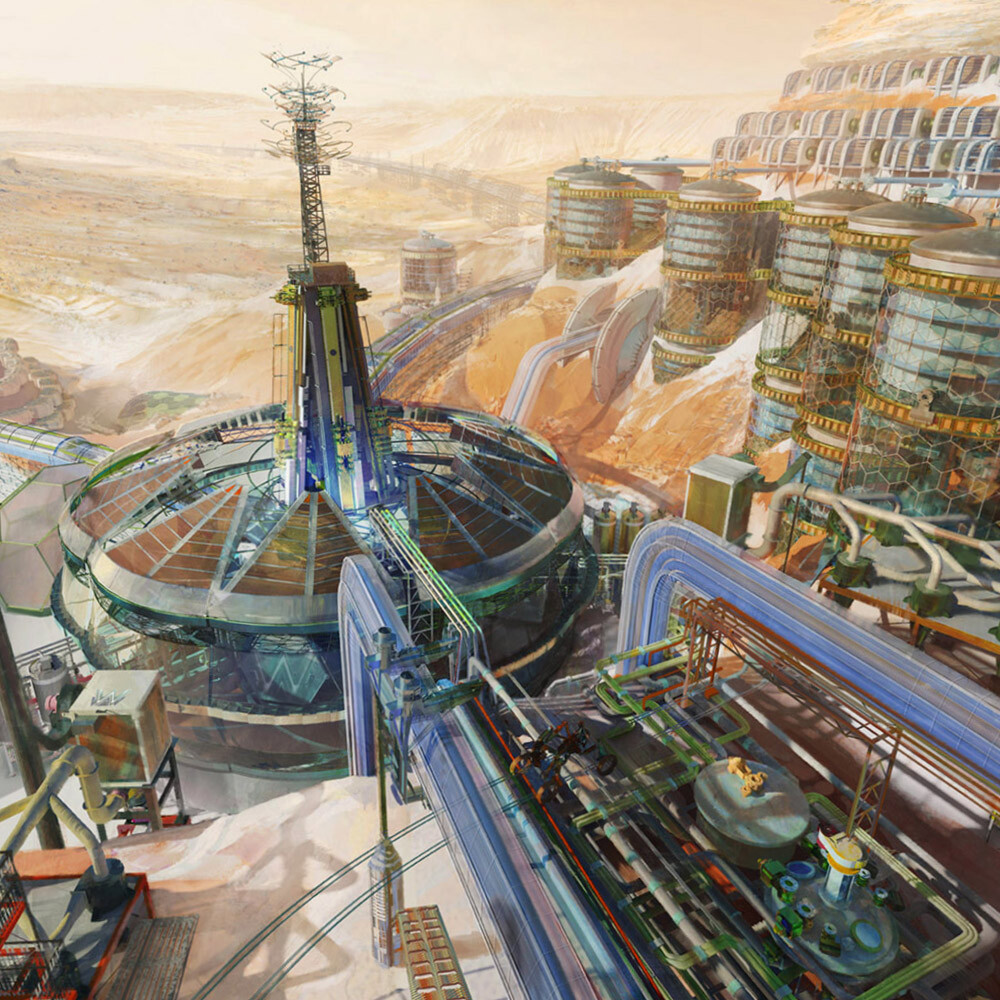 An ice mining/purification plant on Mars, done for the Netrunner universe.  (2014)