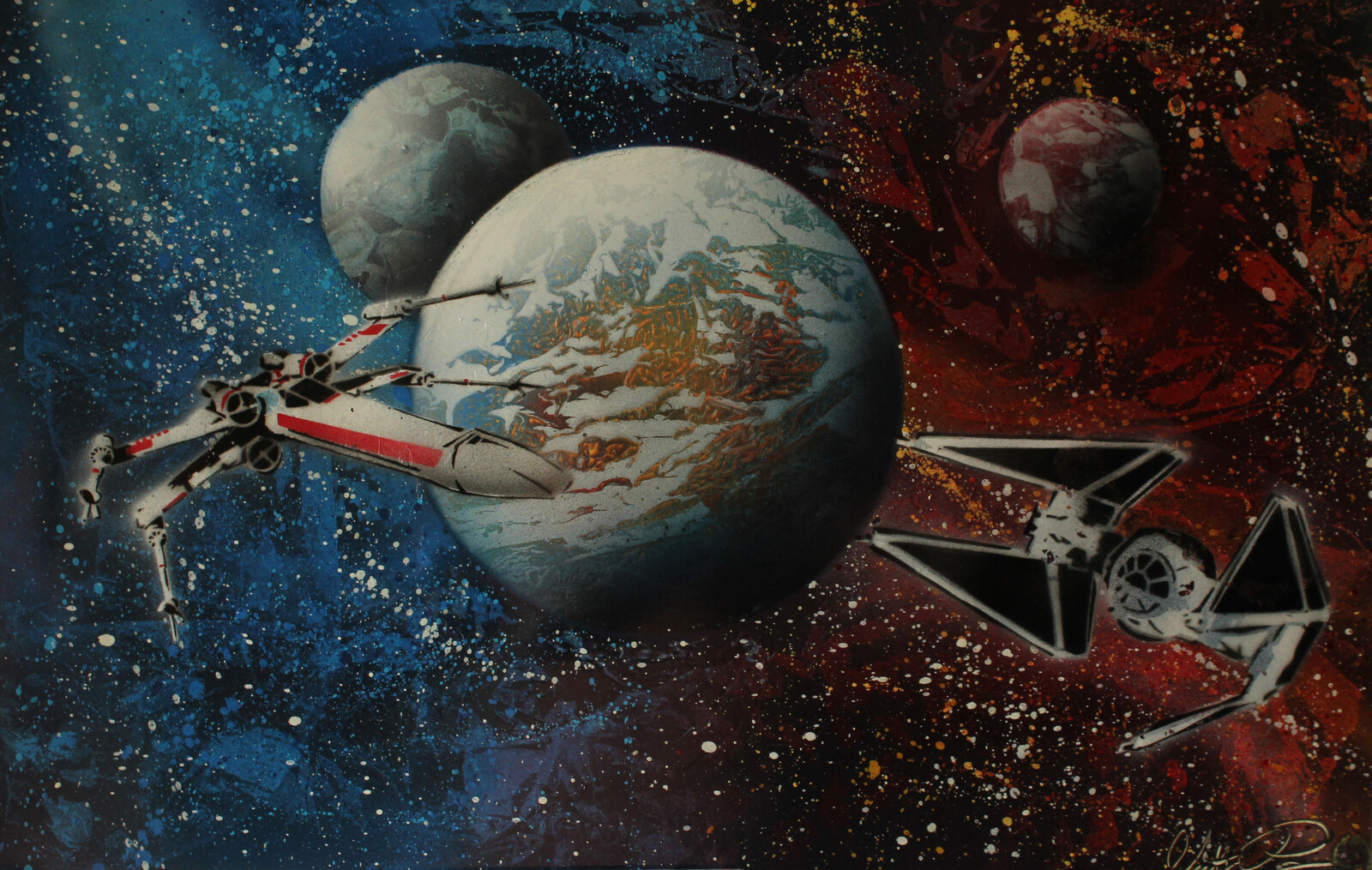 'X-wing &amp; TIE' of Star Wars. Spray paint on poster 14x22(unedited photo)