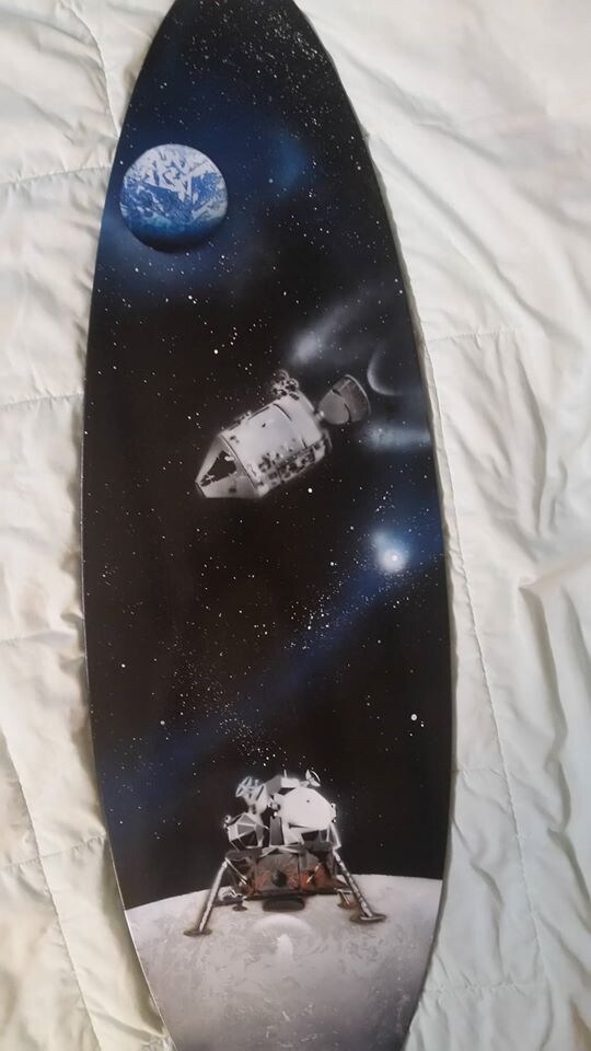 Moon Landing Surf Board. Colaborative project of 4 local artists(4 of 4). Spray paint on primed MDF board. ~48x18