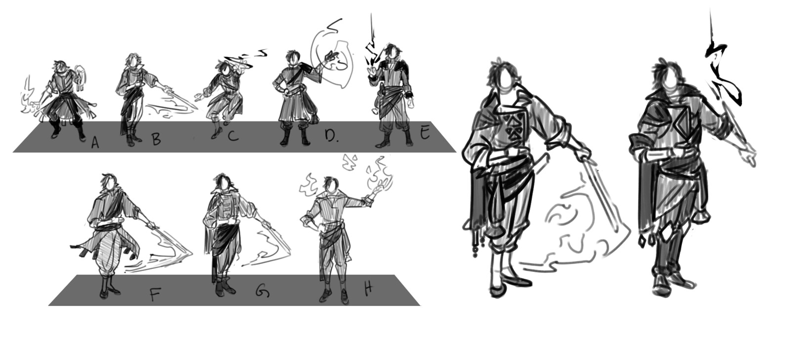 Preliminary sketch concepts for Dorian. Dorian is a smarmy spellcaster that carries himself elegantly and has an affinity for fire. 
I wanted the initial designs to reflect a mix of his refined yet cocky behavior, so it was ultimately narrowed down to G.