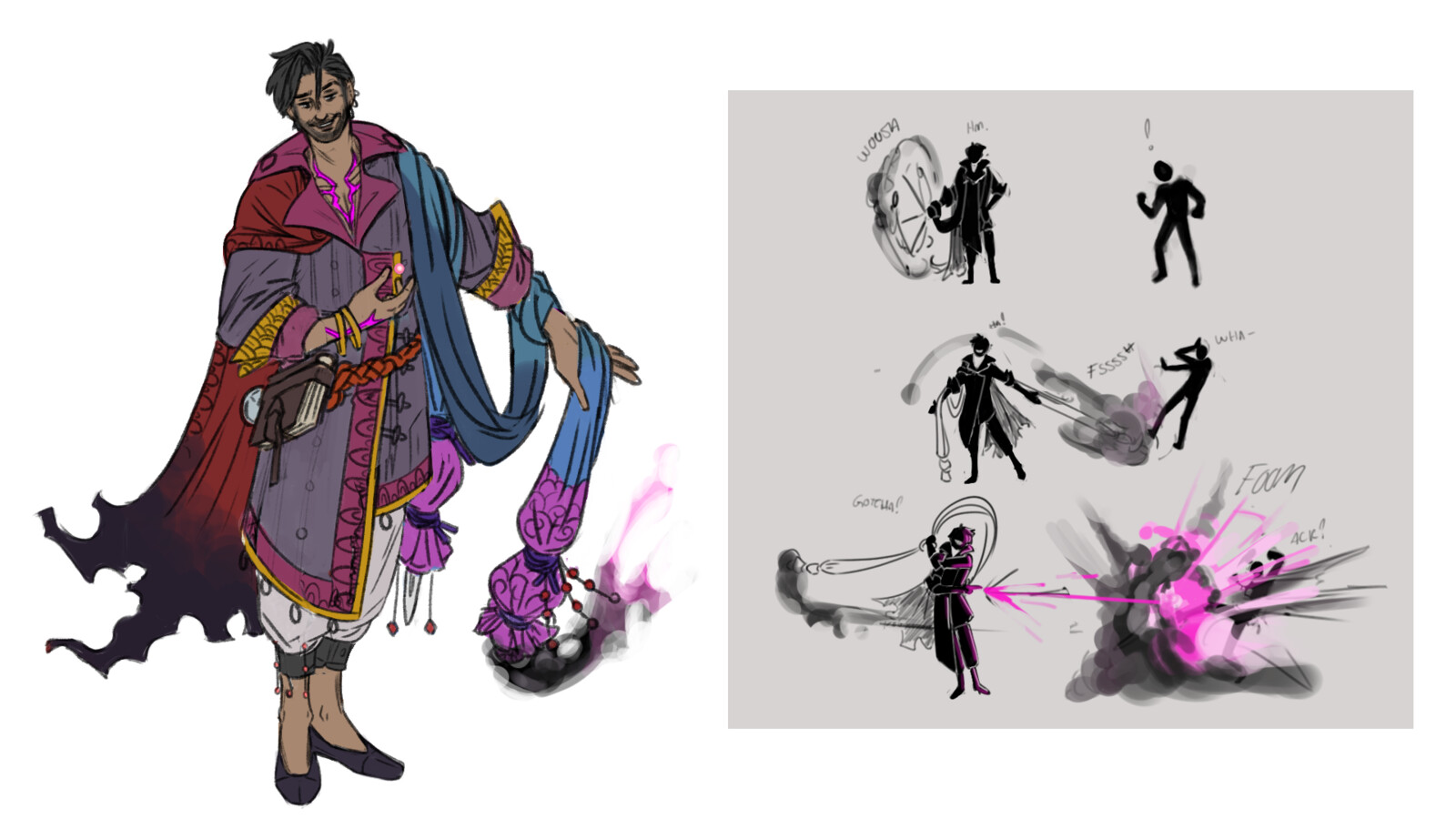 I really liked the bladed sash weapon idea from earlier, so I iterated a bit more on his weapon design as a censer sash! I mainly used the "smoke" sash design from the earlier exploration.