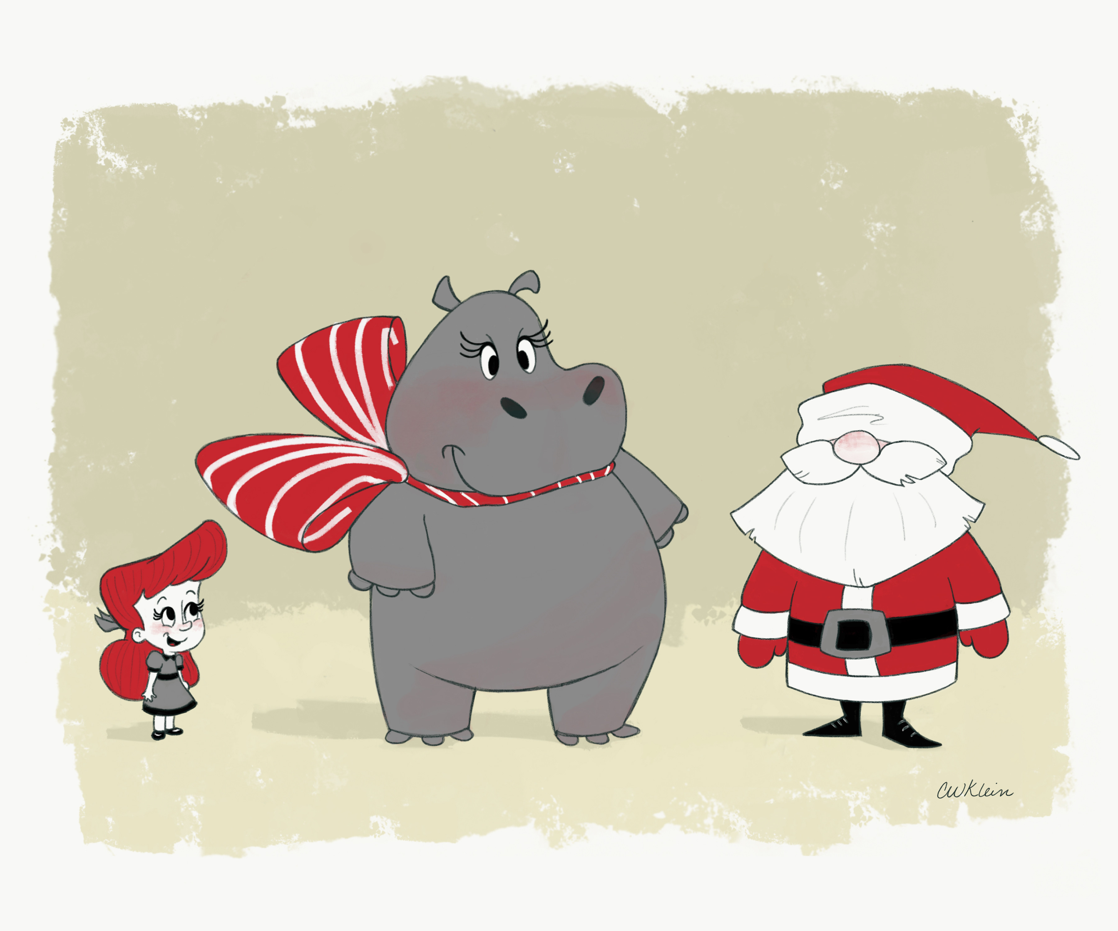 Character line up - Little girl, Hippopotamus, and Santa Claus
