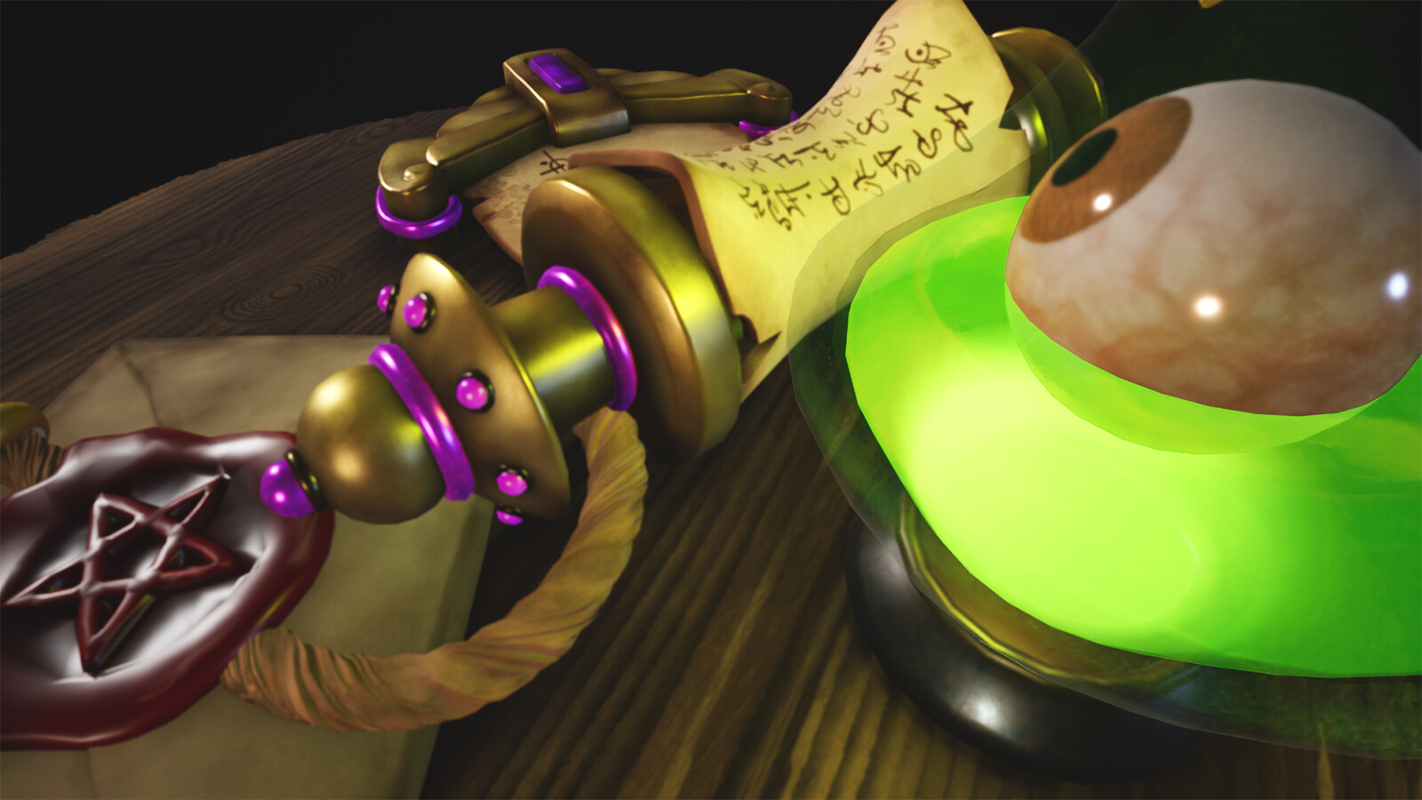 Closeup of Scroll Metal and Liquid/Eyeball. The eyeball was completely handpainted in Substance Painter.