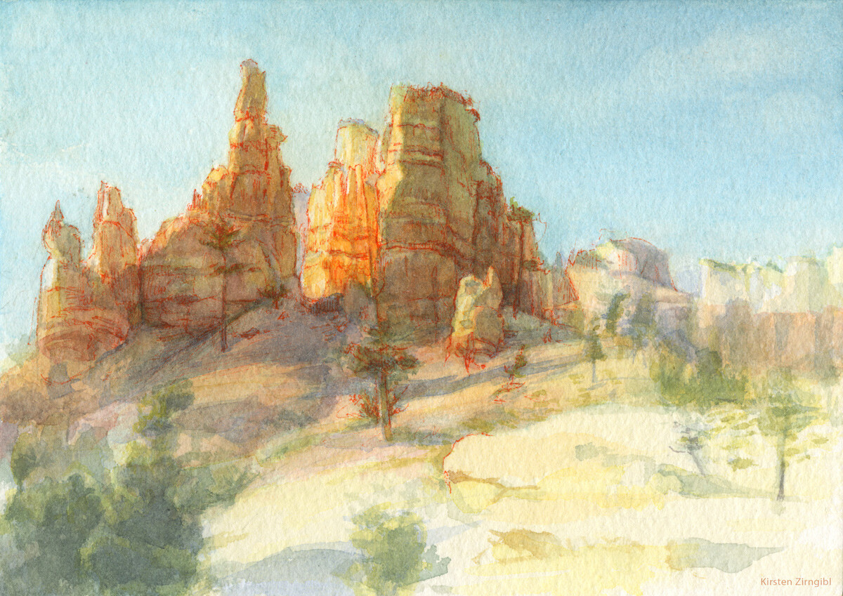 Painted this little watercolor at Bryce Canyon National Park.
This one was a race against the sun!  I had to focus on rock and then add foliage as the shadows changed.
5"x7" Watercolor + micron pen.  2020