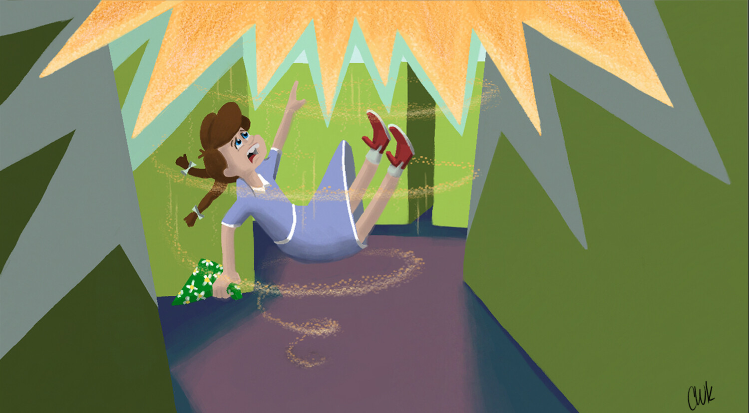 Thea falls out of the vortex and lands in  the middle of a maze garden.  She is alone.