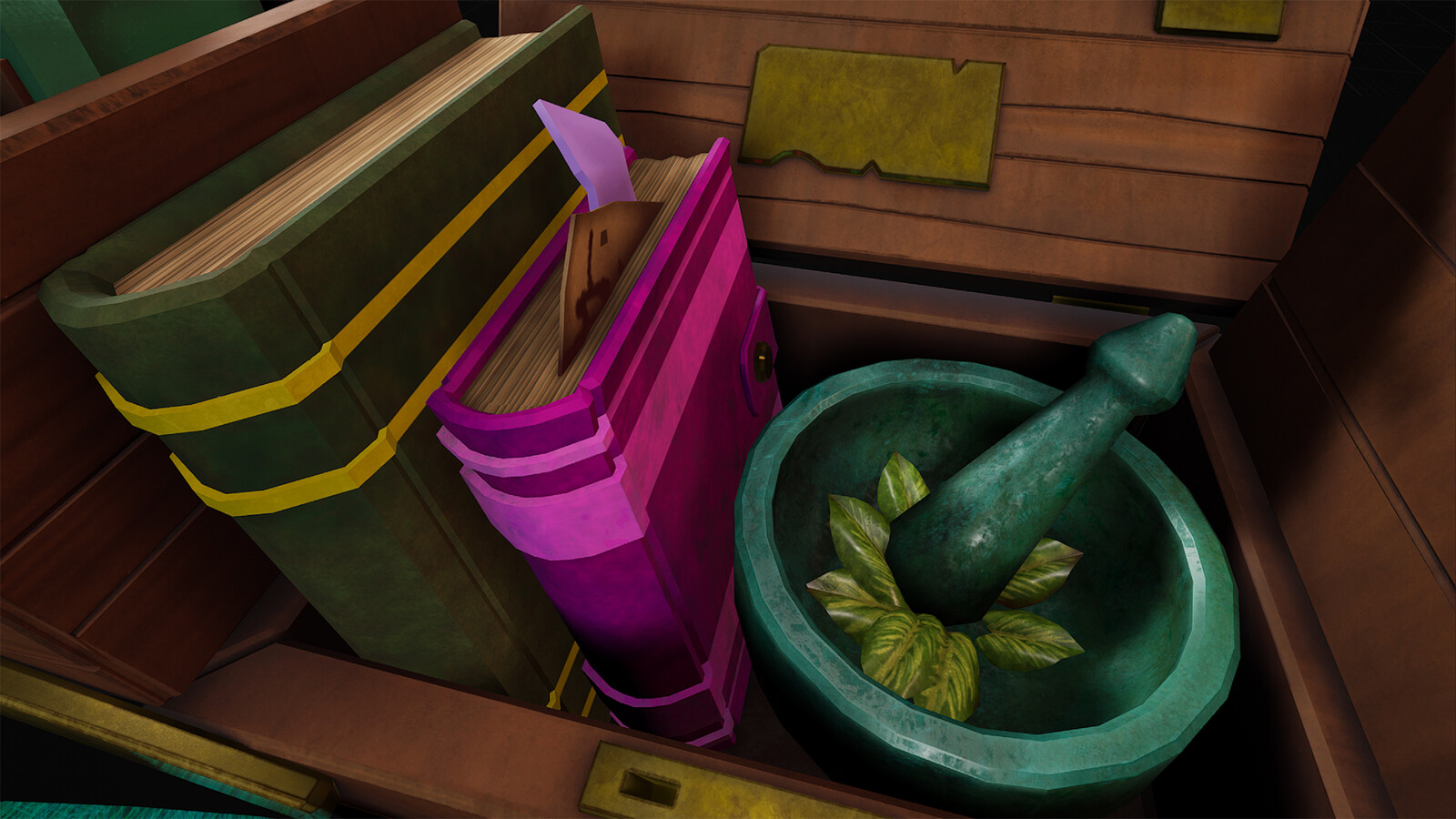 Closeup of books, mortar and pestle, and leaves. The leaves were handpainted in Substance Painter.