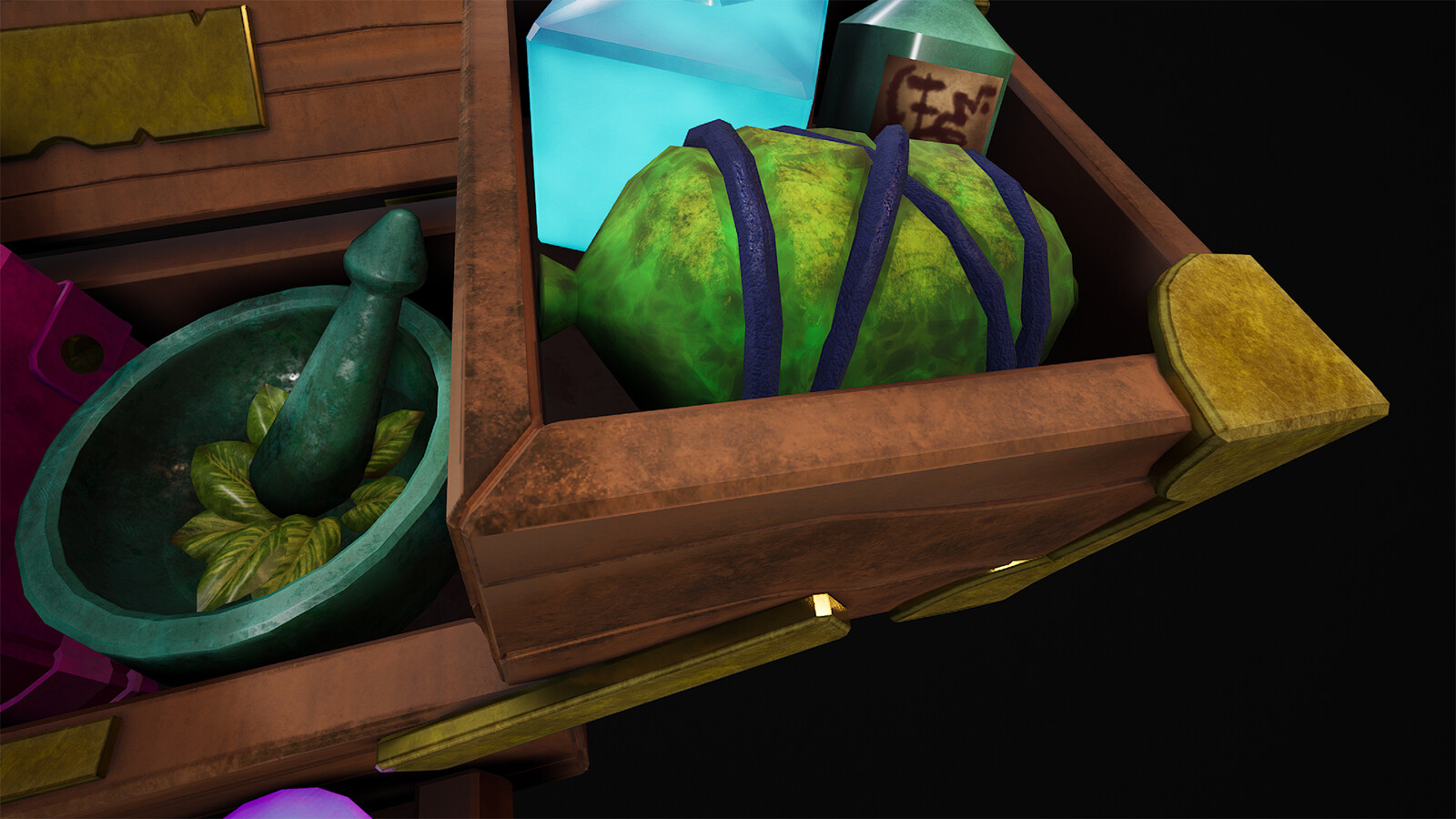 Closeup of right drawer. The bundle is created with procedural texturing and some hand-painted accents. The wood and metal of the trunk use Smart Masks for the Roughness channel to help achieve a worn effect.