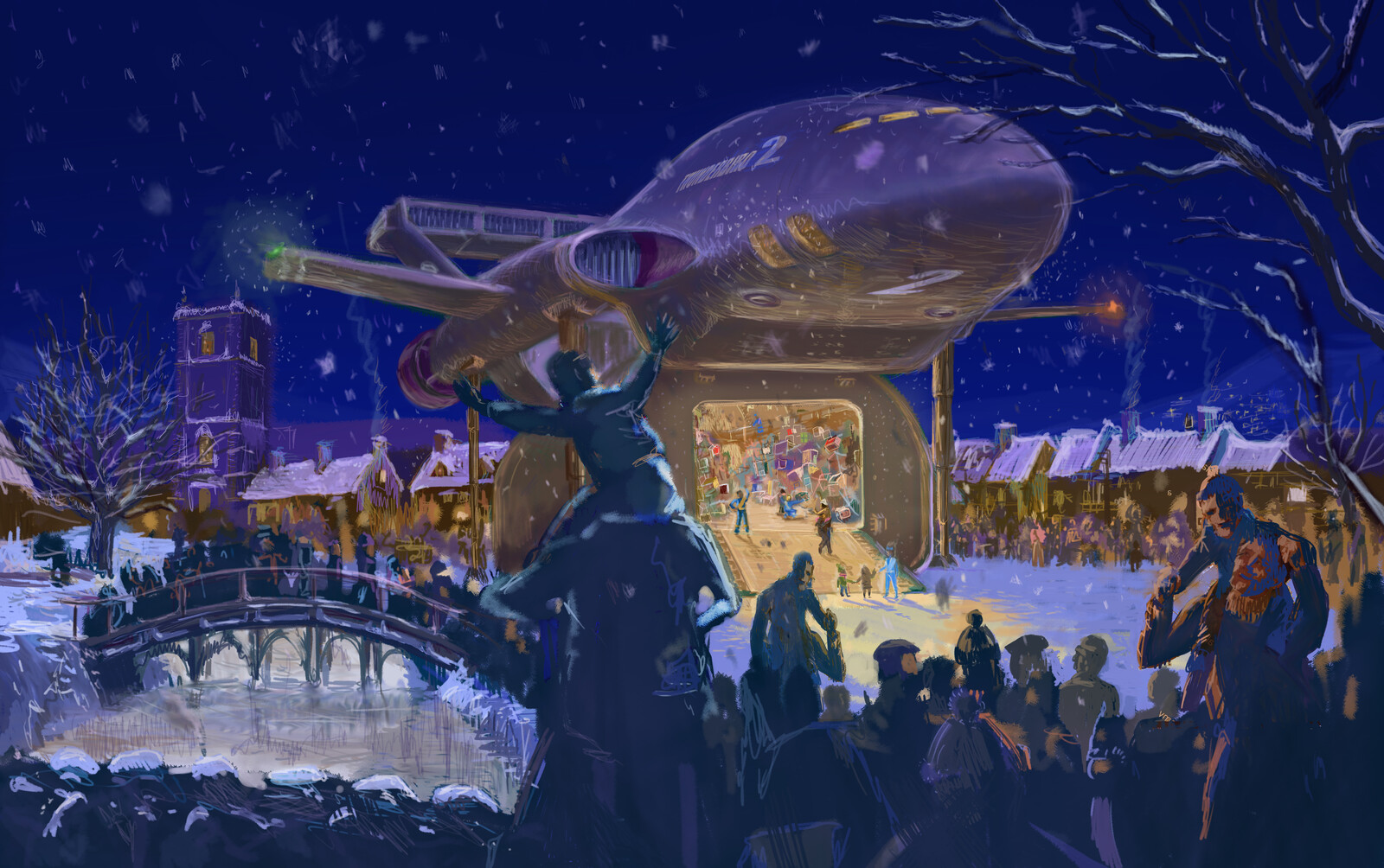 THUNDERBIRD 2 CHRISTMAS GIFT
The Tracy brothers bring Christmas to a small English village and happily invite the families to pick a gift from the assortment of stacked up in the Pod.  