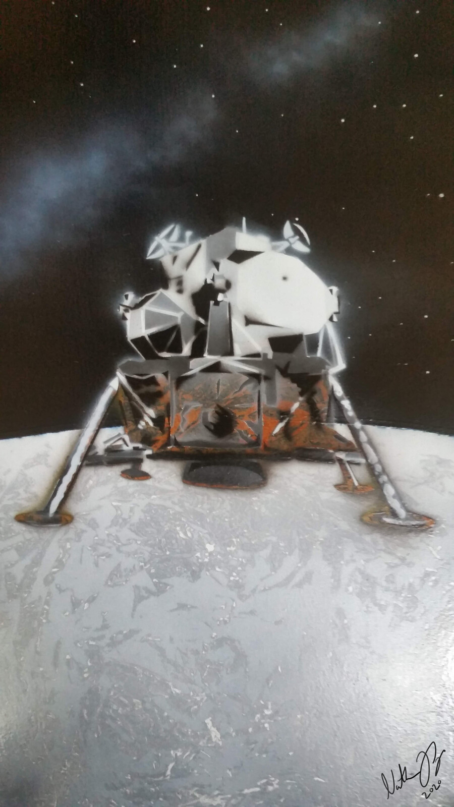 Close up of moon and Lunar Excursion Module close to the surface. Spray paint on MDF board.