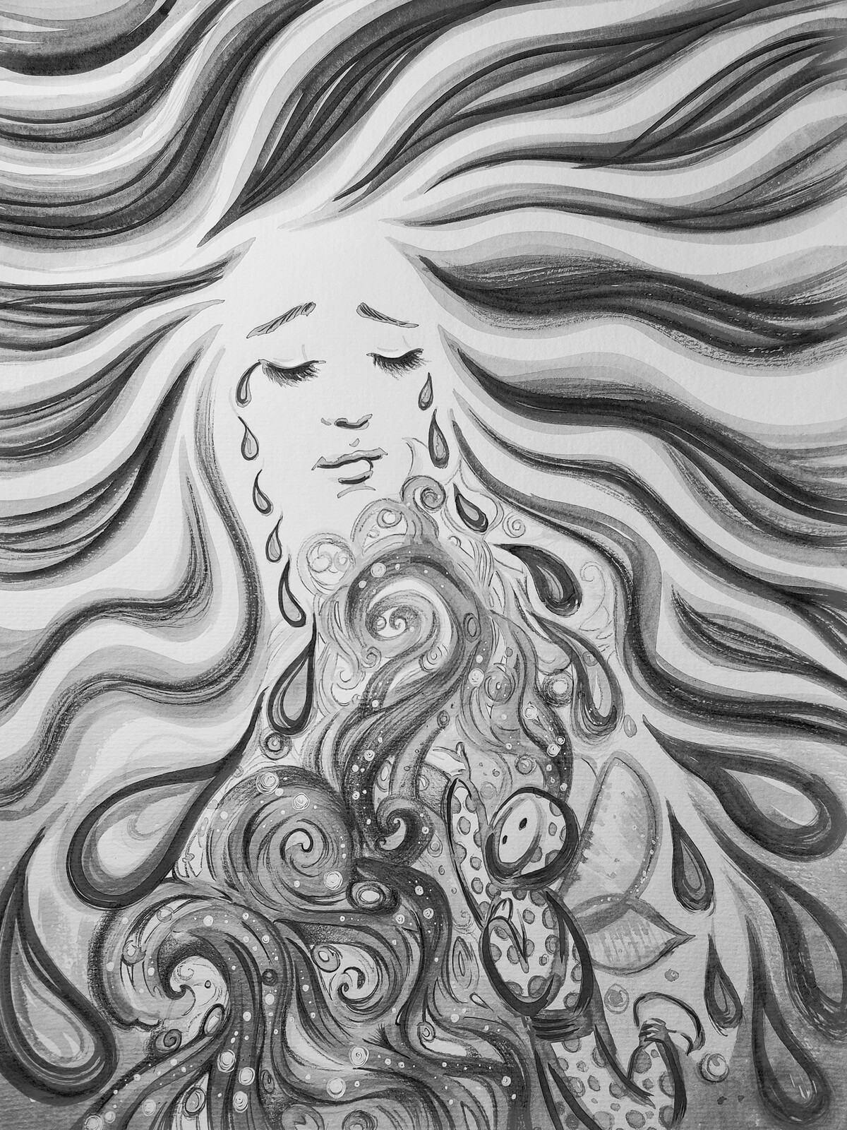 The Goddess of the Sea cries oceans of tears every night - Magical Fairy Polka-Dot Onesie Guy
asked her why and she could not say. He sang her a song with such a sweet voice that, for once, she
cried tears of joy instead of sadness.