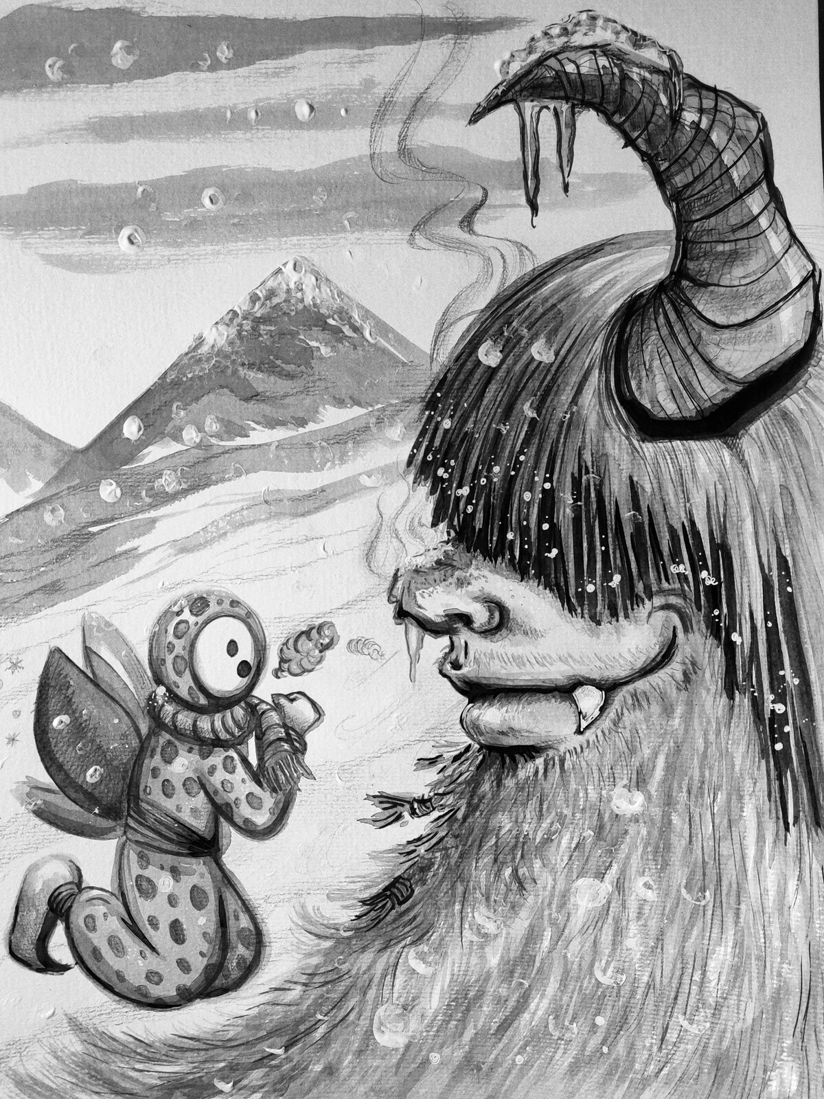 Deep in the snowy mountains Magical Fairy Polka-dot Onesie Guy flew to find a mythical creature,
known to many as the Yeti. He stumbled upon this chilly fella during a snowstorm and asked if he knew of
the whereabouts of the Yeti.