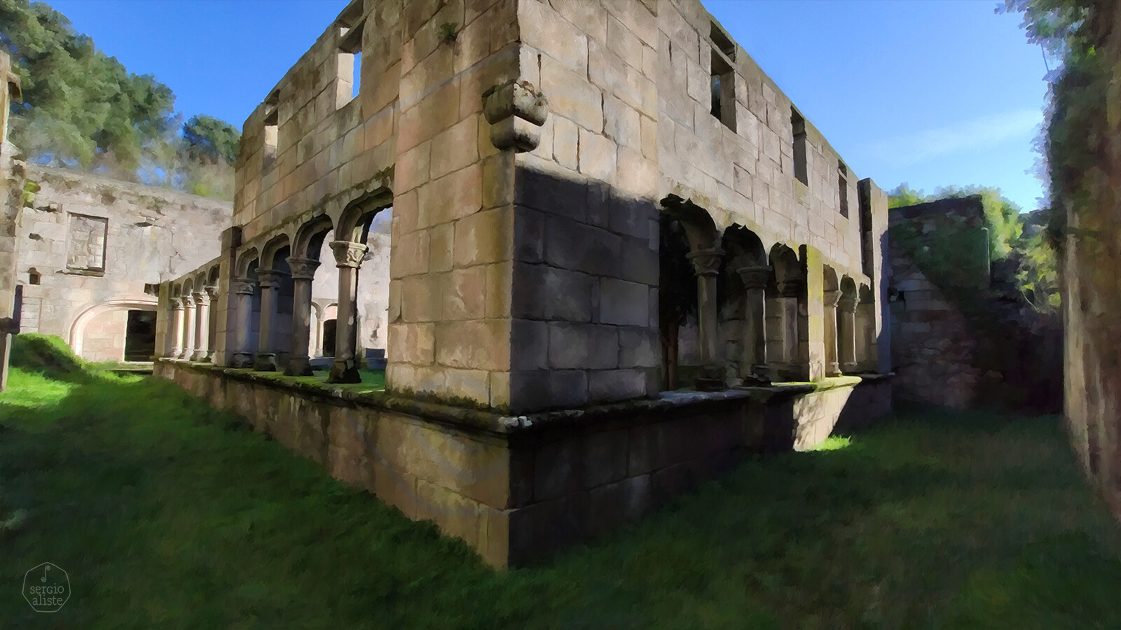 Current state of the architectural remains. Digital painting from photography