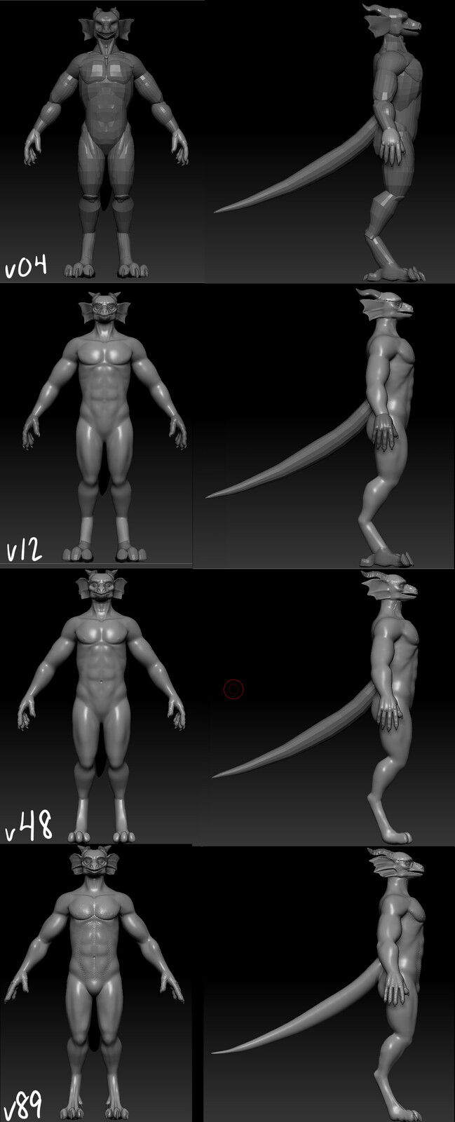 Once the blockout was in Zbrush, I slowly refined the body and sculpted the details based on my references, dynameshing as I went.  I tweaked the proportions slightly and diverged from the original drawing to make the feet make more sense in 3D.