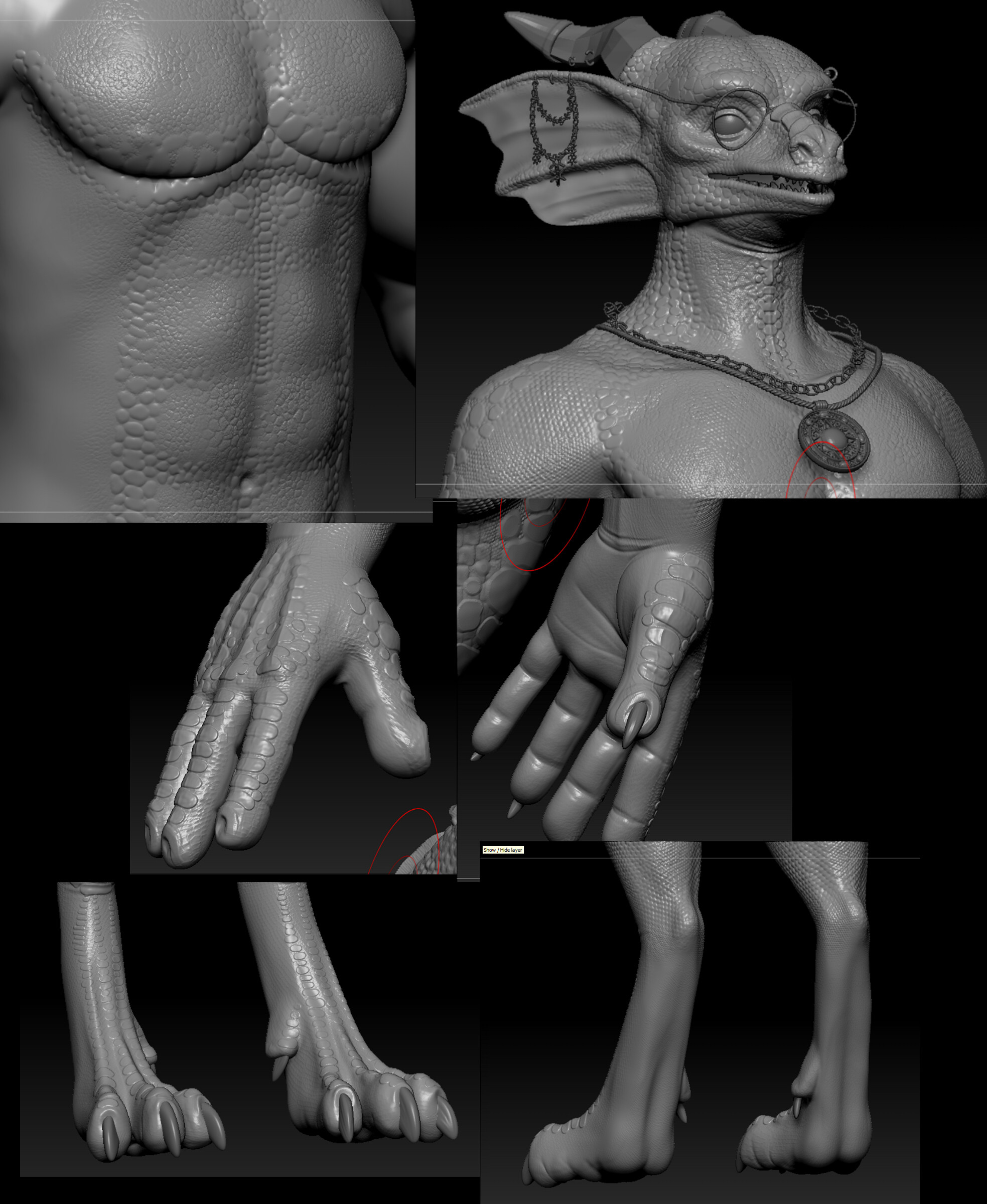 The next step was to tackle applying scales to  the entire body.  The process included doing individual scales (in the case of the face and hands) and using alphas to apply the texture.  I used IMM brushes to create the chains and ropes for jewelry.