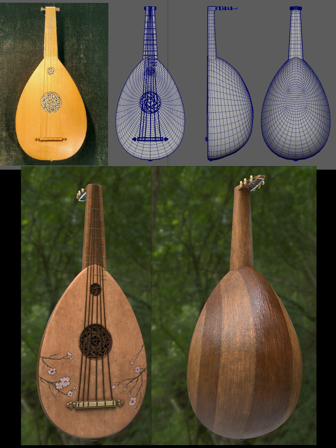 I developed the lute's body as accurate to real life as I could given the references.  I then took creative liberties when texturing the lute to make it match the character's overall aesthetic.