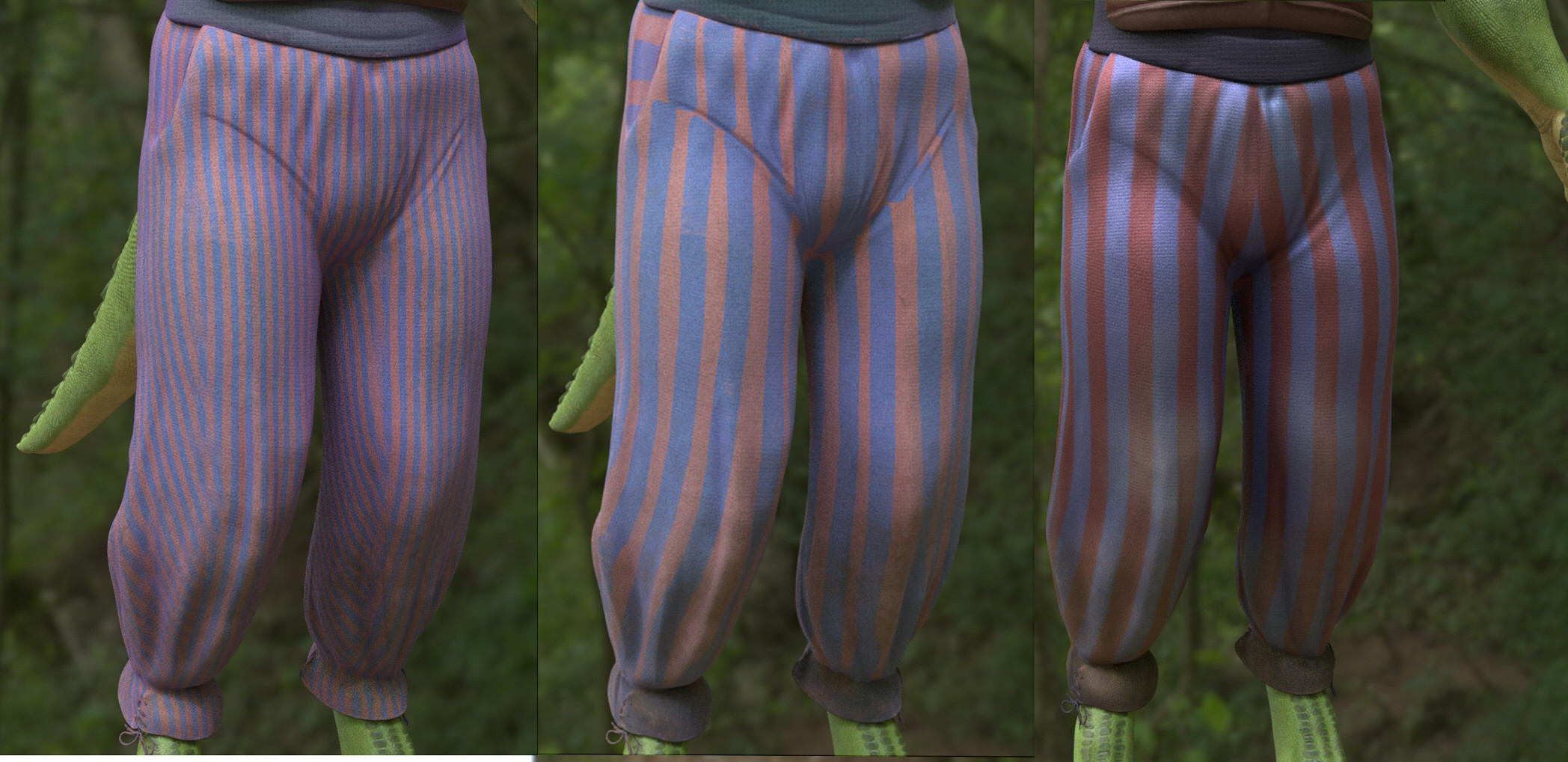When I could finally begin texturing (my favorite part!), I experimented a lot with the pants before finally settling on a silky, slightly dirty look to sell the idea that he's a traveling performer who lives his life on the road.