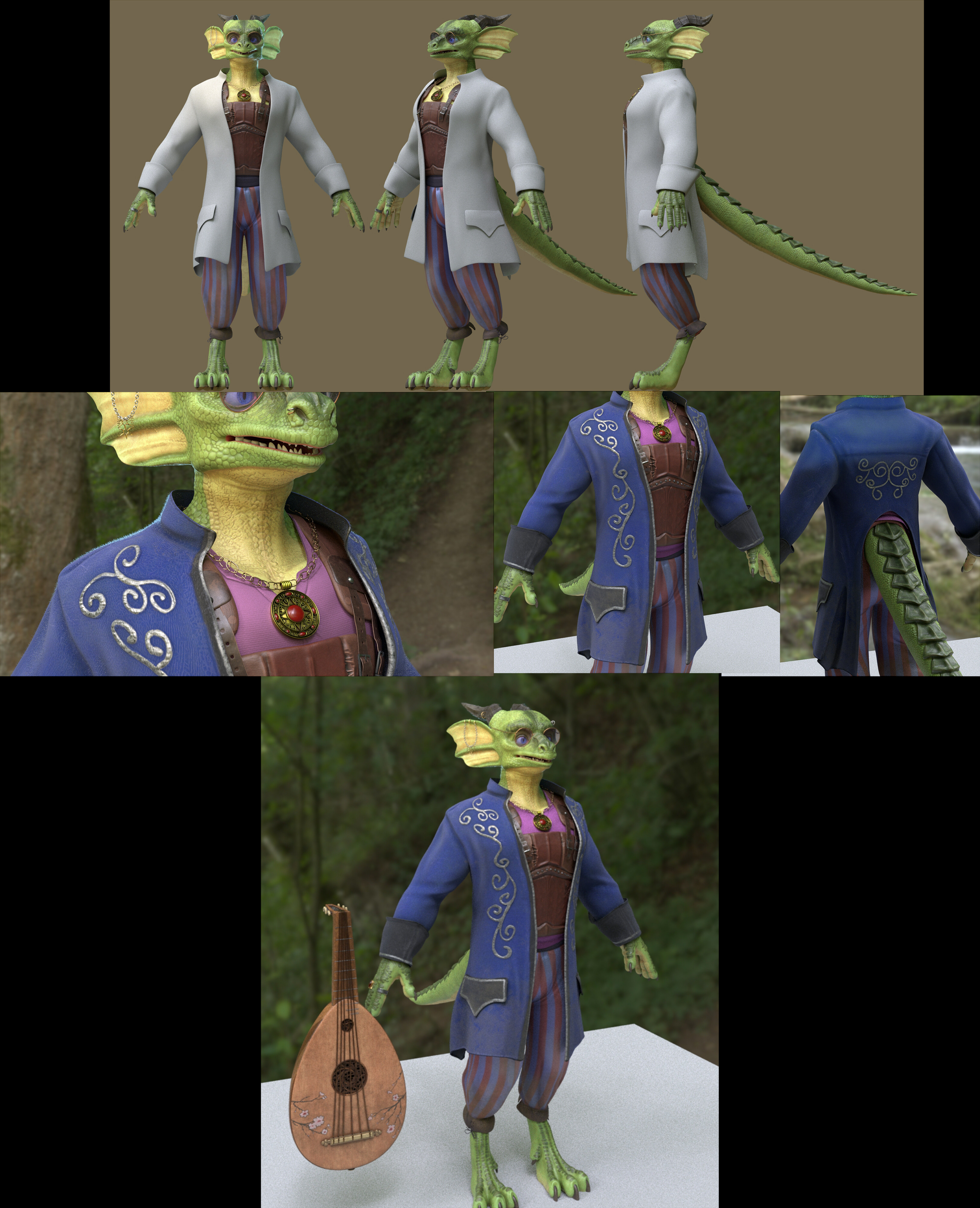 I finished up baking the displacement maps for the clothing and textured the rest of his outfit.  I also tried adding fuzz to his jacket with XGen (middle left); this didn't make it to the final version.  With that done it was time to move onto posing!
