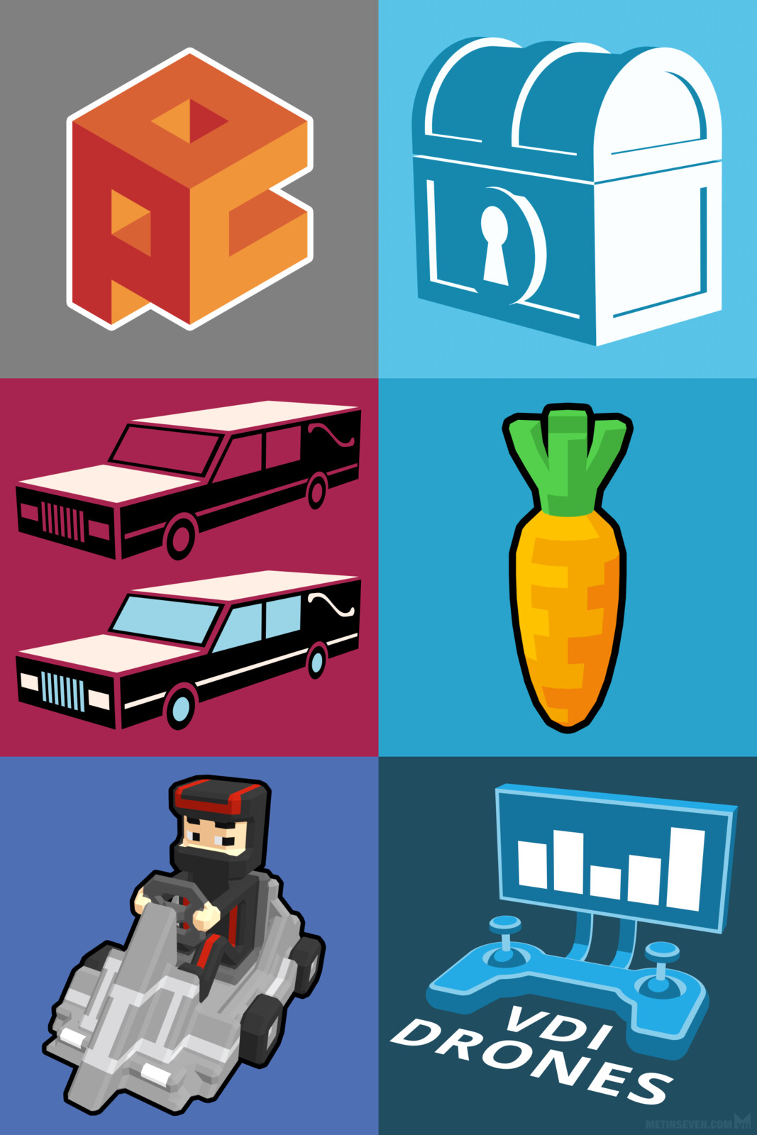 Various icons and logo designs, rendered in graphic / stylized 3D