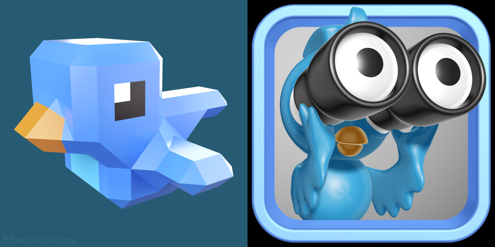 Twitter bird app icon designs in different 3D styles