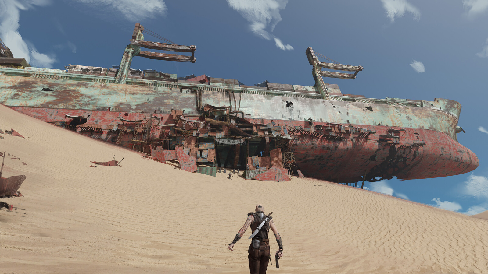 a great ship beached on a sand dune, a wasteland raider walking toward it with gun in hand