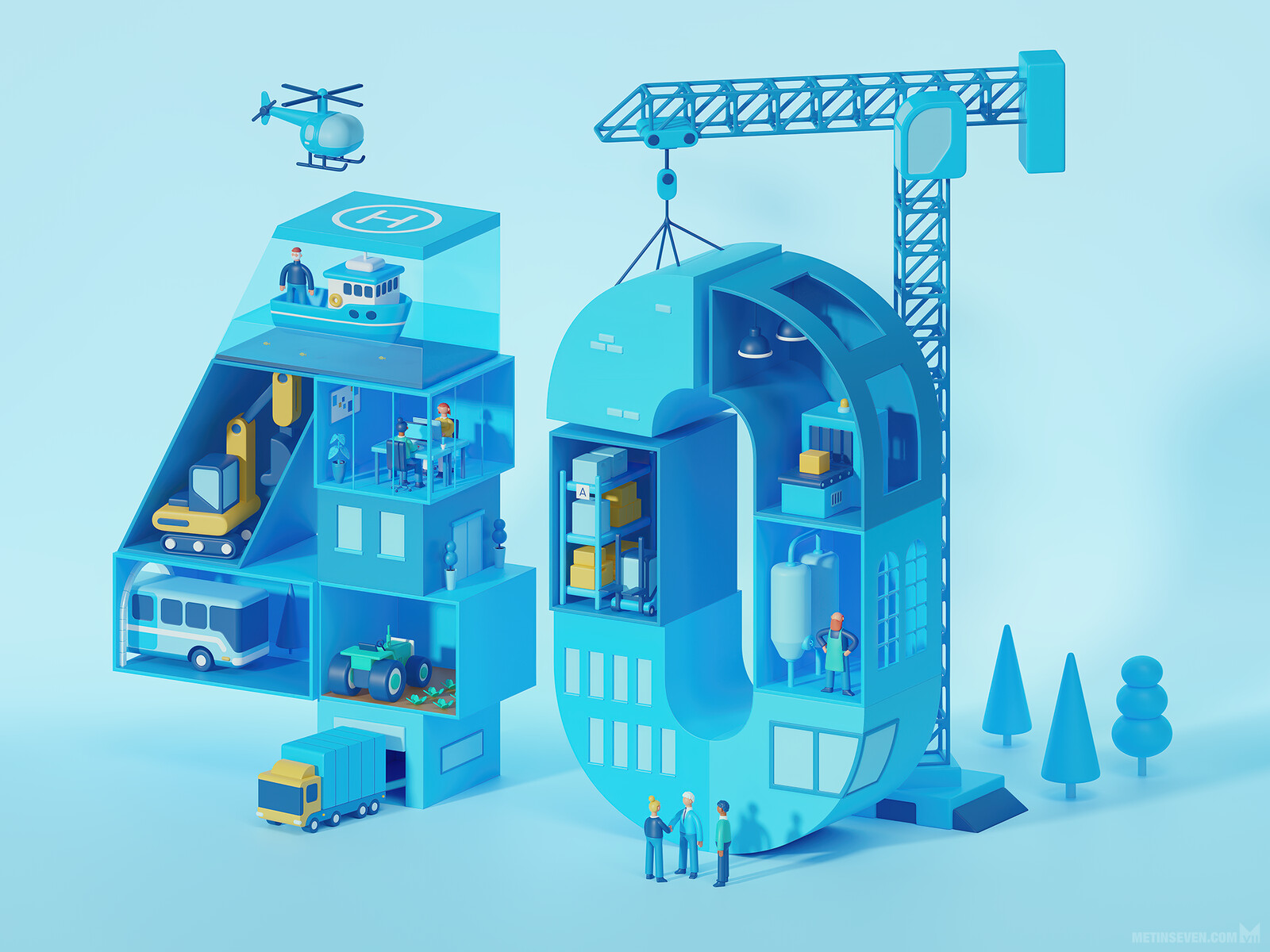 Stylized 3D infographics illustrations for the Dutch Patswerk studio