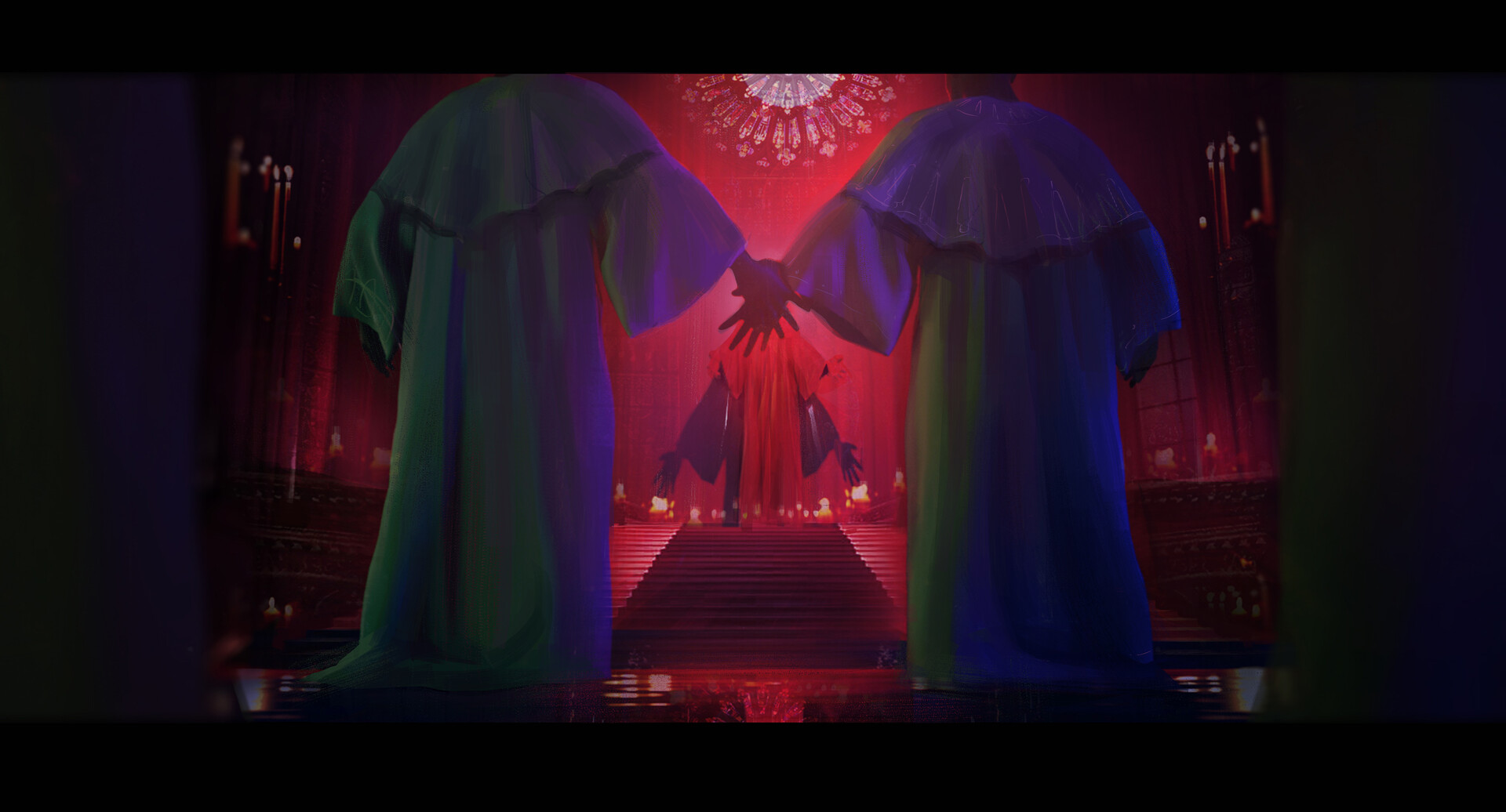 two people processing toward the alter, their hands obscuring the priest's face