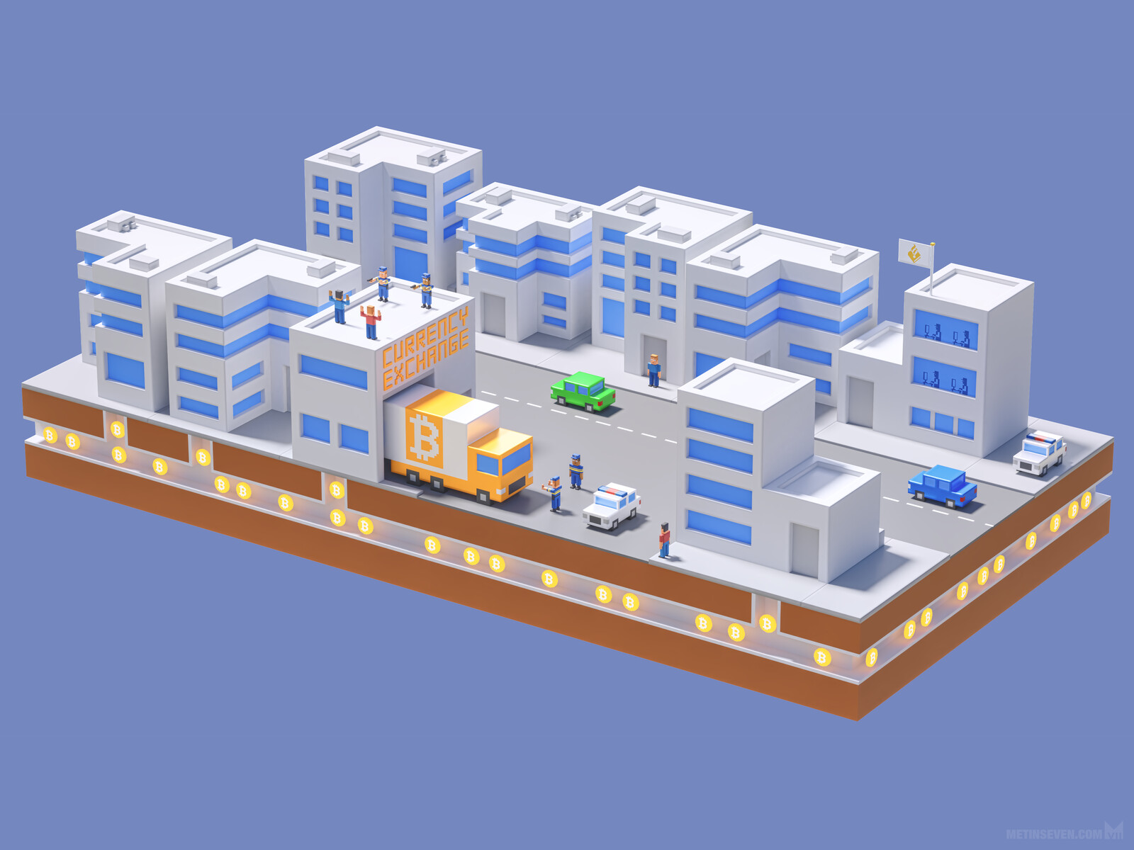 Isometric voxel-style Bitcoin money laundering crime infographics illustration for the Dutch National Police Corps