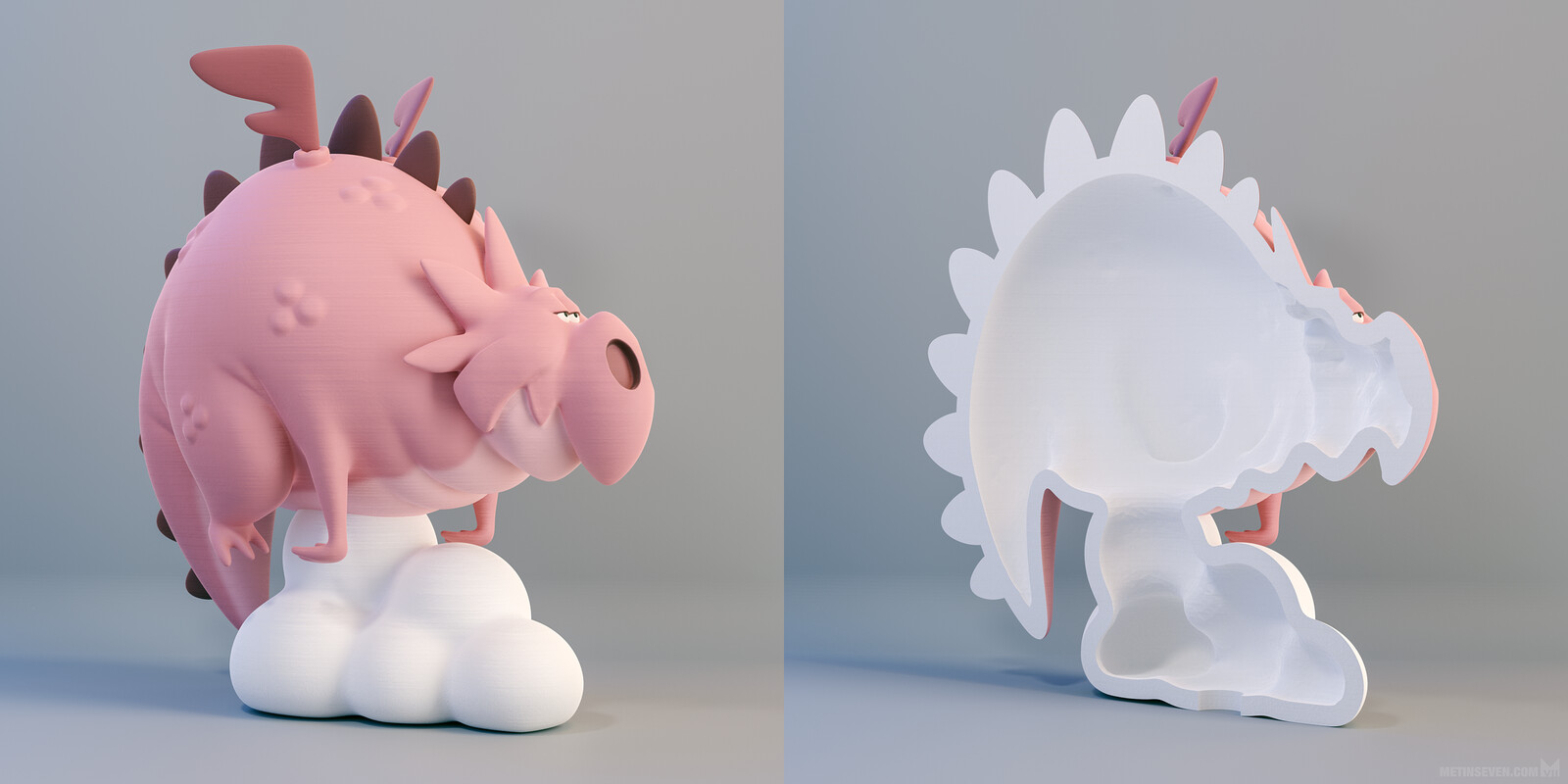Dragon figure 3D print model, including a hollow inside and support material vent