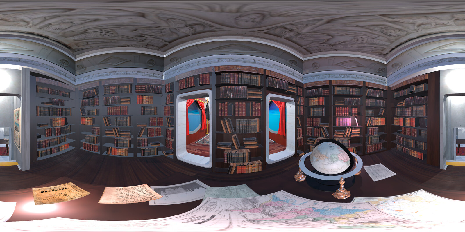 Panoramic view of the Nautilus VR library. Designed to be seen in 360º
