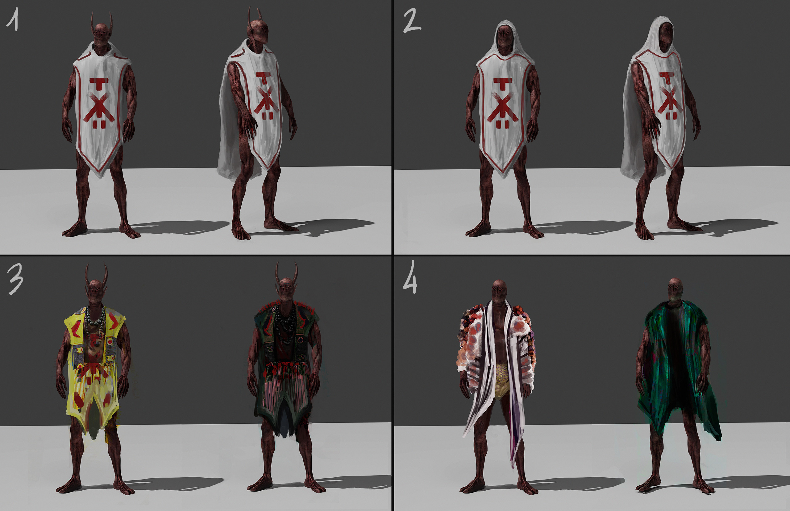 Shaman: trying to find a good outfit for the shaman (previous concept). 

3/4: colorful versions just for fun.
