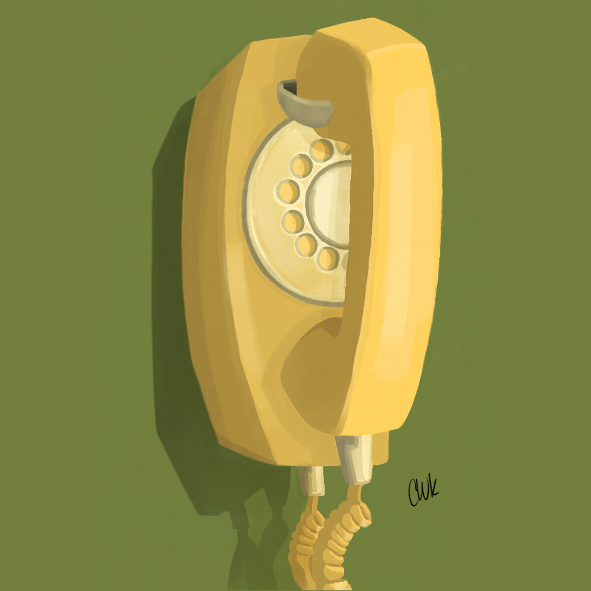 Wall telephone cira 1970's in harvest gold on an avocado background.