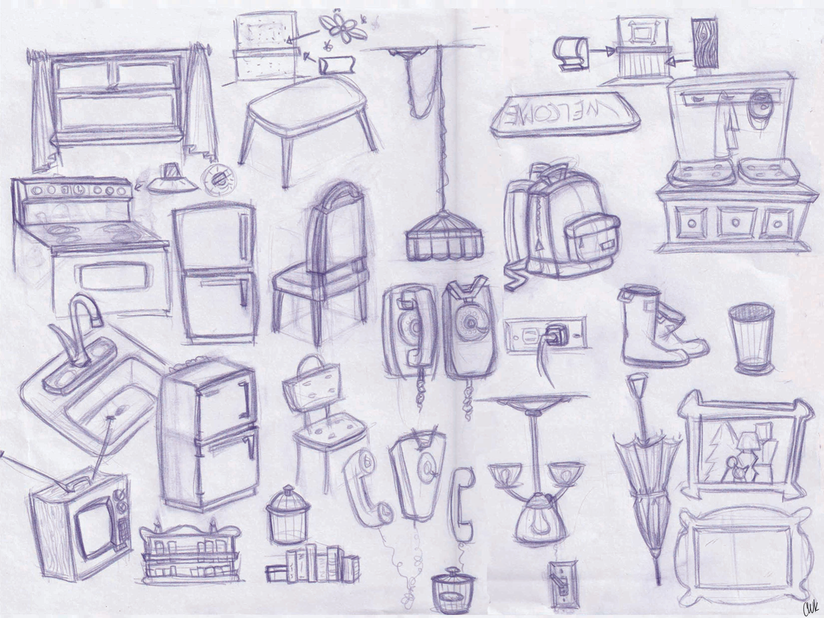 Early concept sketches for props in the kitchen, living room, and entry way of Thea's house.