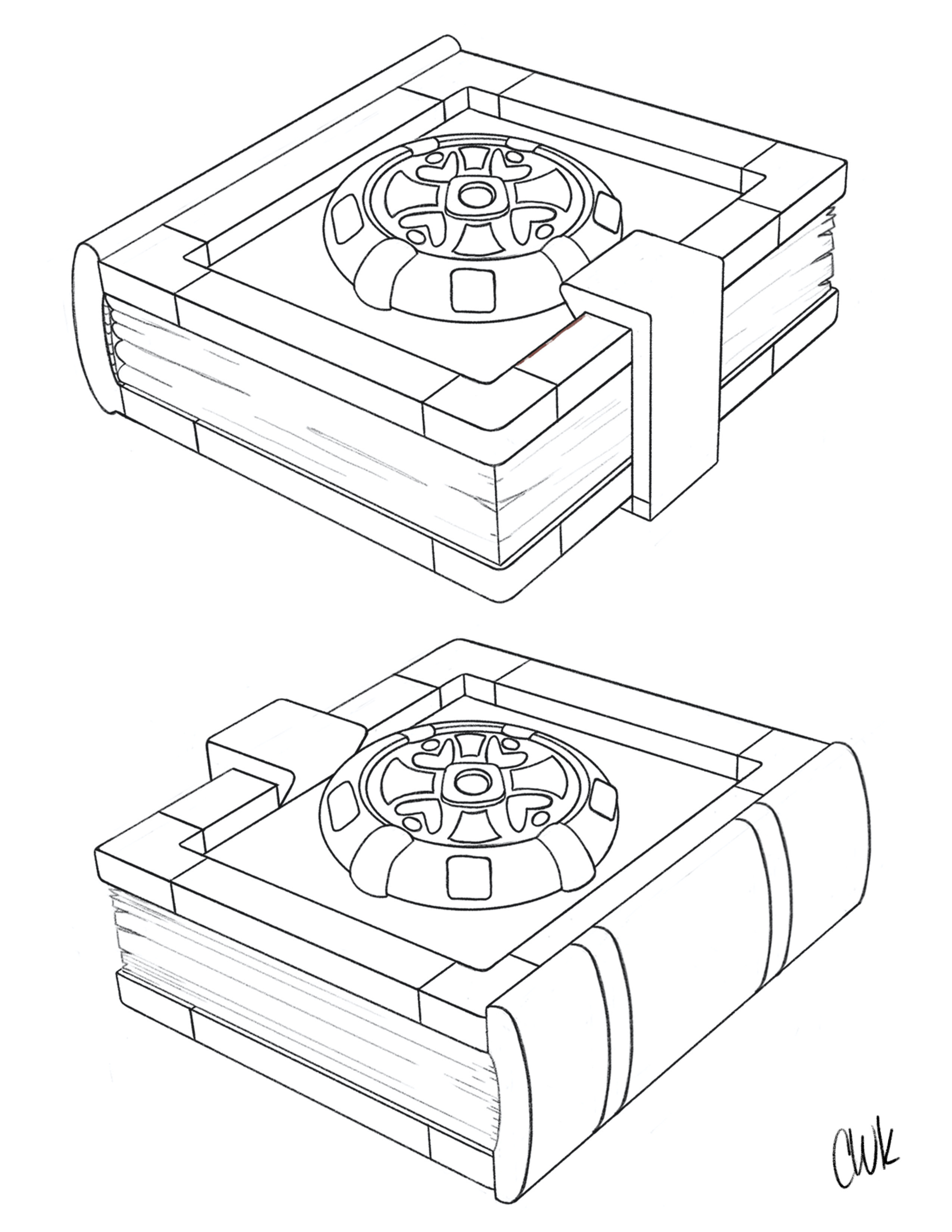 Final line sketches. I decided to simplify the locking mechanism for easy animation and the concept of time is within the book.  The book is a portal to the special world but lives in the real world. 