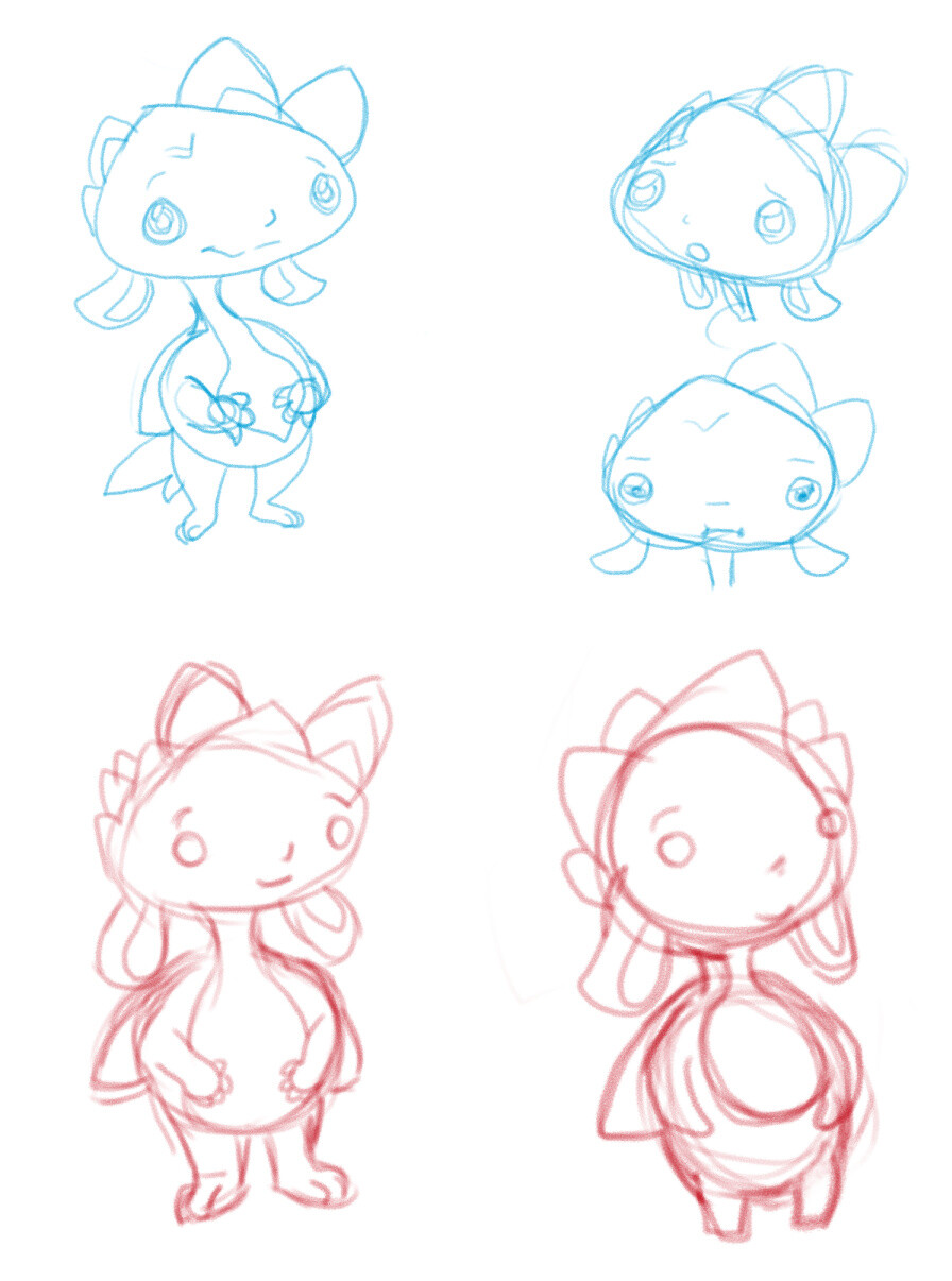 Initial sketches for the flower child concept. It took me a few tries to create a clear silhouette while incorporating all of the somewhat odd design elements I had in mind.