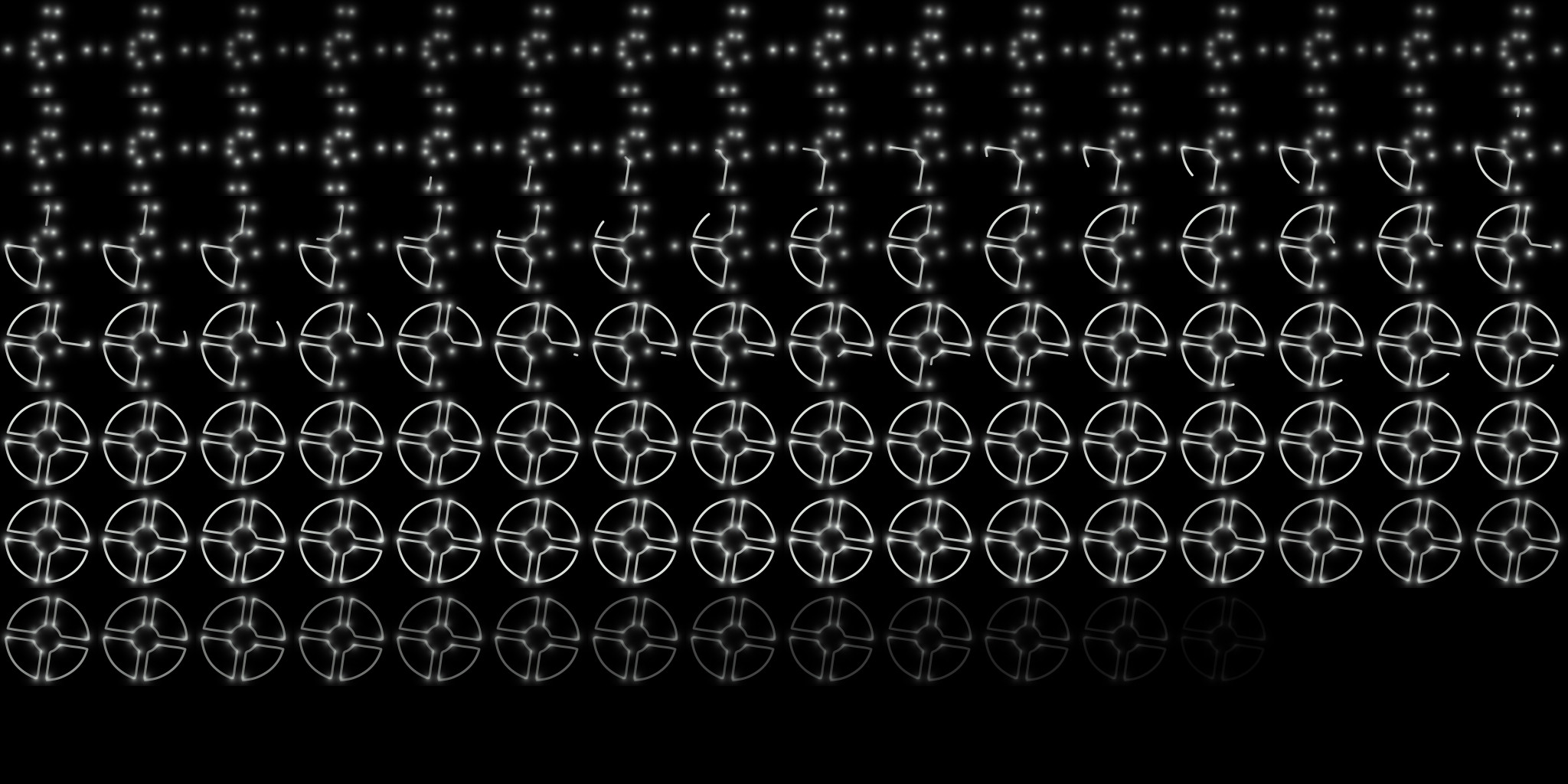This was the first version of the spritesheet. This version had each "constellation" be on a seperate file consisting of 96 frames of a 128x sprite. This ended up creating a huge size issue, with each file taking up over 10MB. 