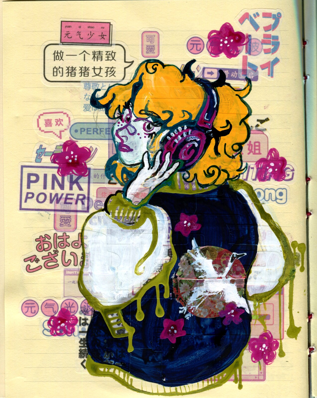 Collage in my 2020-2021 art journal, paint pens, washi stickers, and tape gouache.