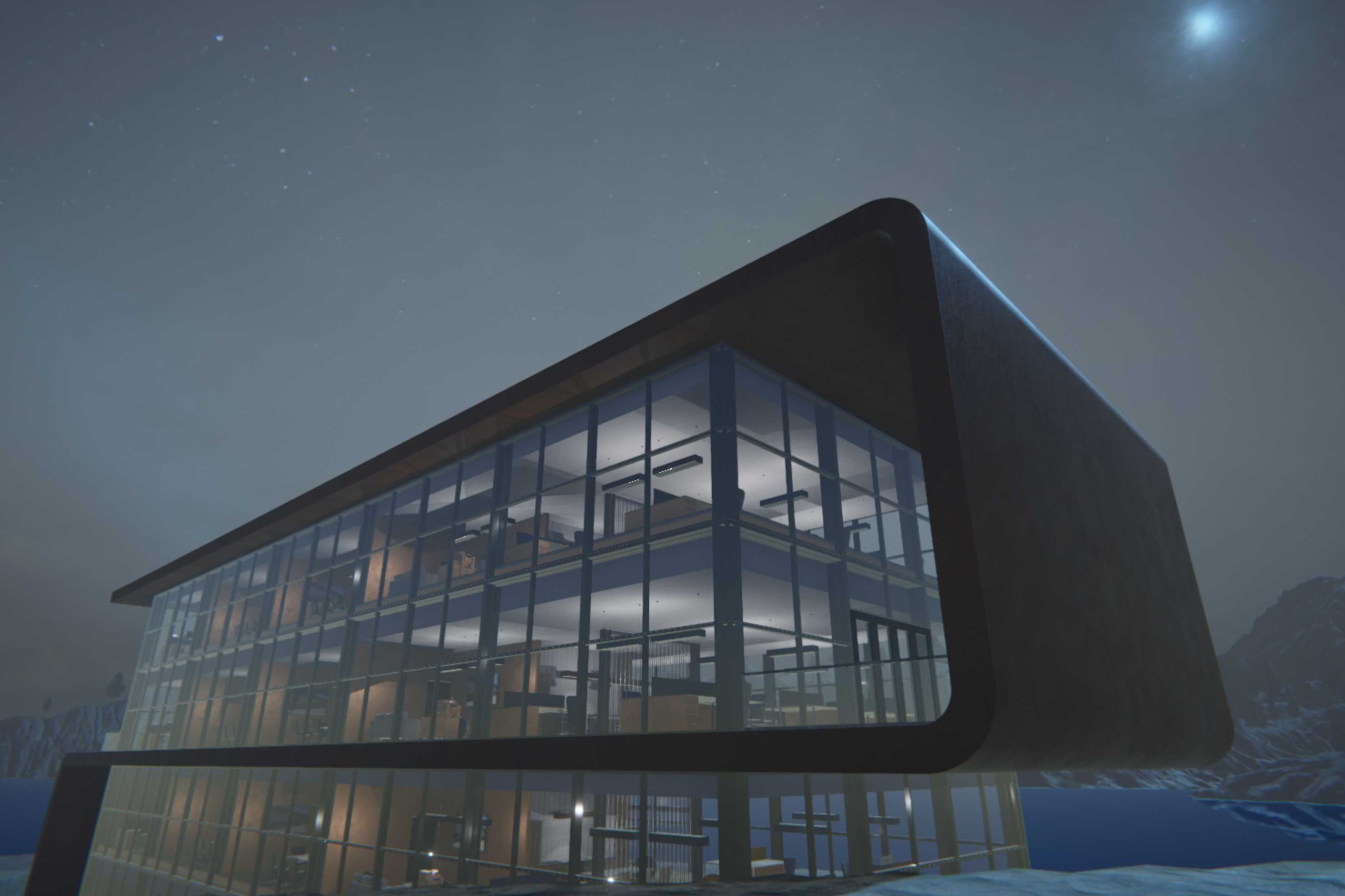 This is a Graphisoft example European office building, pulled into Unity from ArchiCAD via Modo - a test for dealing with large numbers of entities - furnishings, doors, partitions etc. Looks *great* clad in Corten steel - thanks to Substance in Unity!