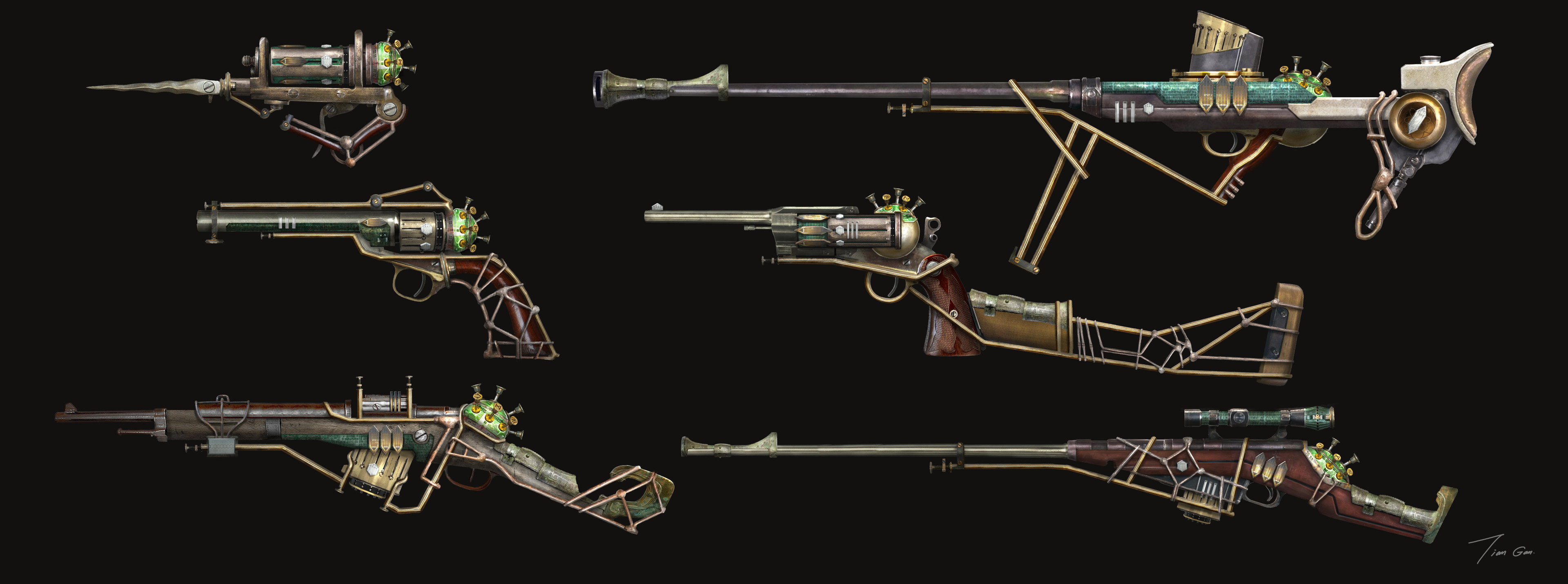 Based on the thumbnails, design 6 versions of guns, from small light one to heavy one