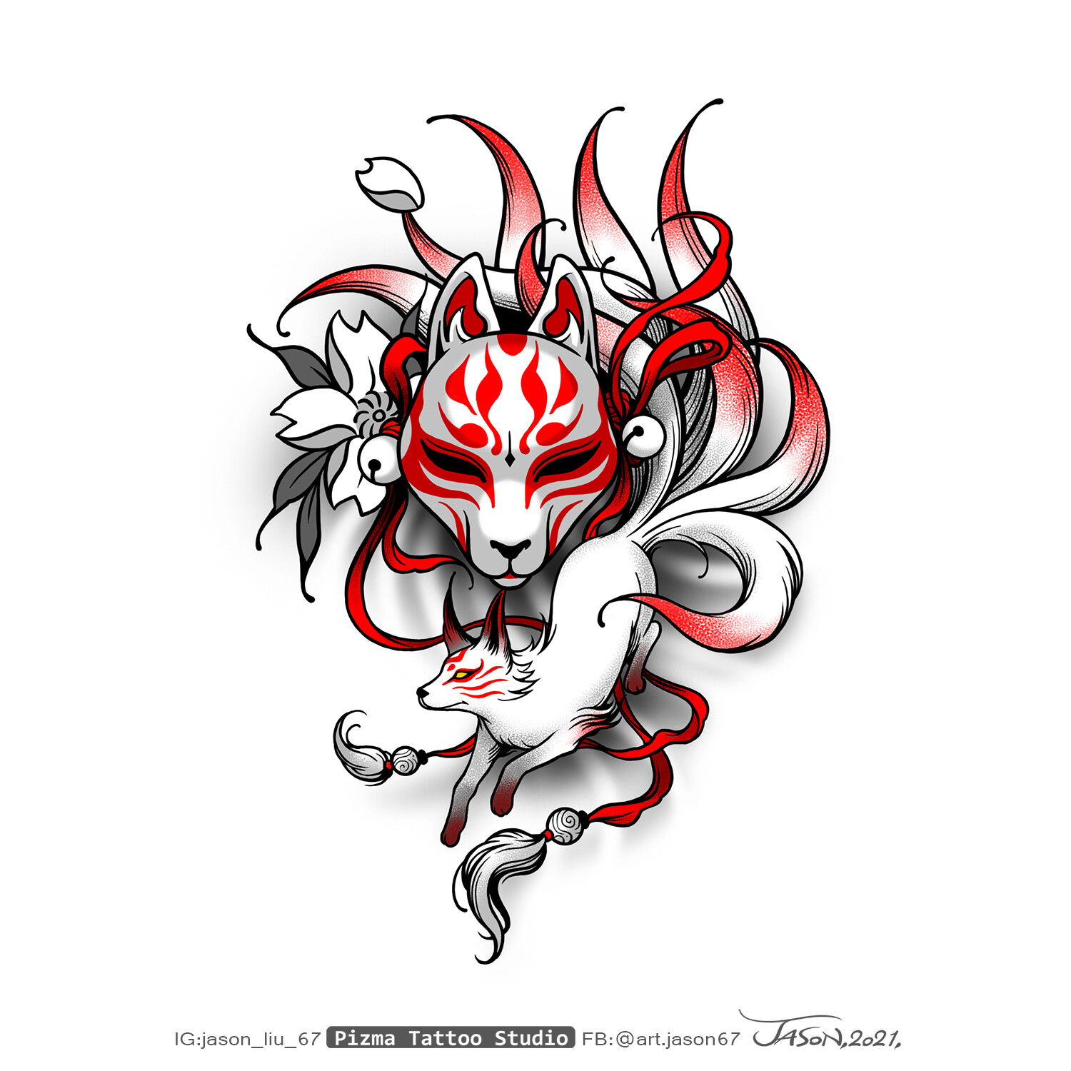 ArtStation - Tattoo Design ~ Kitsunemask with ninetailedfox (Fox mask  series)