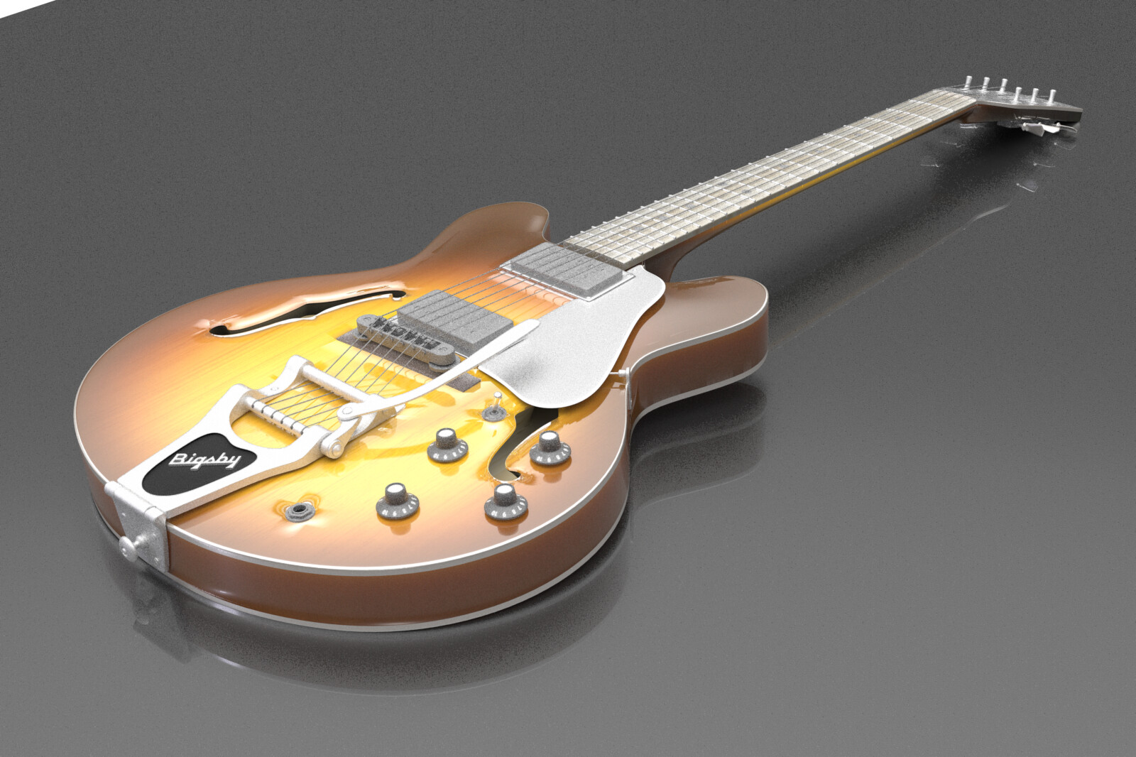 Arch-top jazz guitar modeled in Modo - this is an in-modo render. I converted this model to a native ArchiCAD object, with appropriate vectorial cleanups and the ability for the materials to be easily tweaked in use.