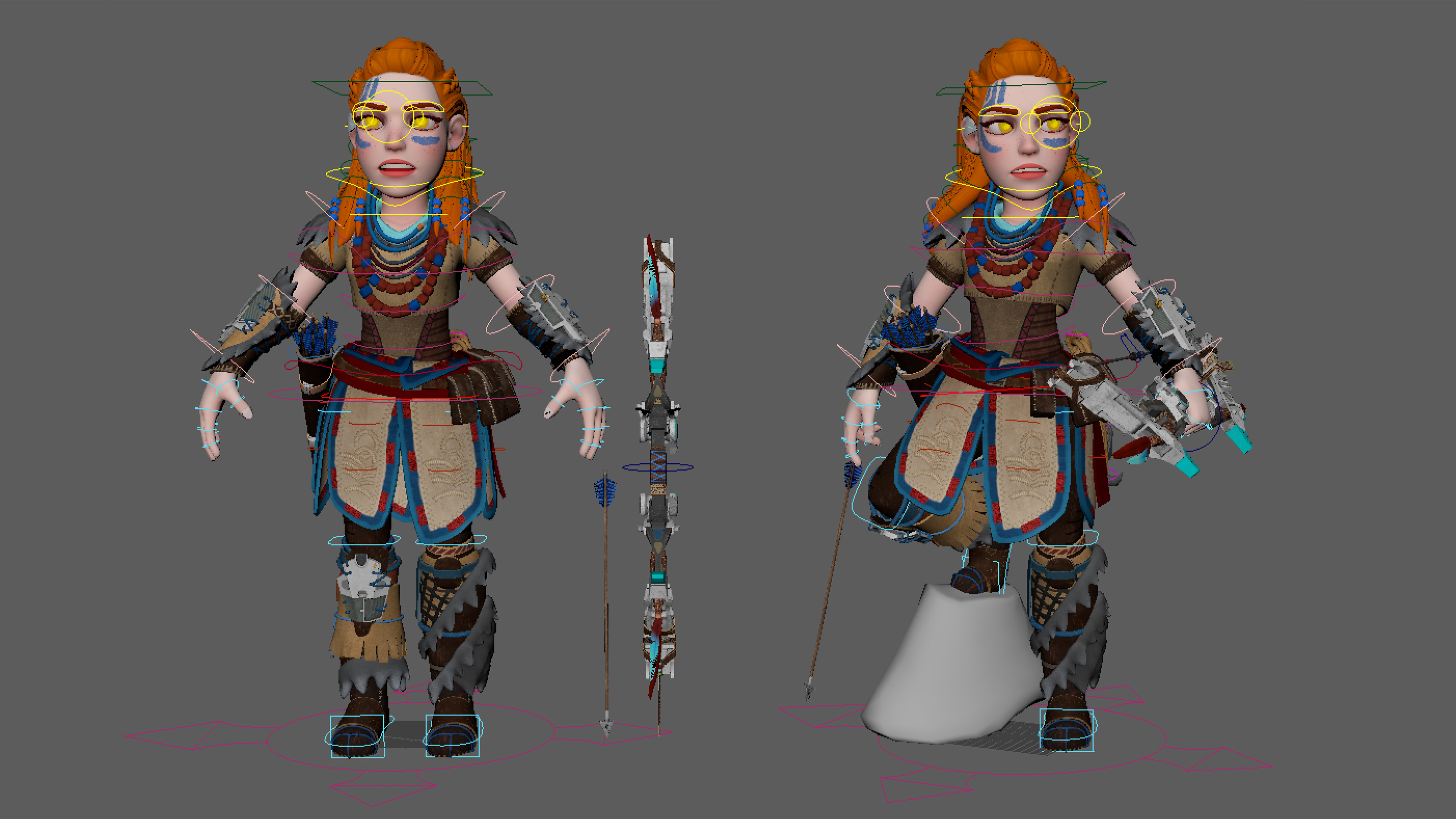 Rigging Breakdown. I originally modeled Aloy in a T-pose, and then used a rig to control the pose, as well as used blendshapes to control the facial appearance 