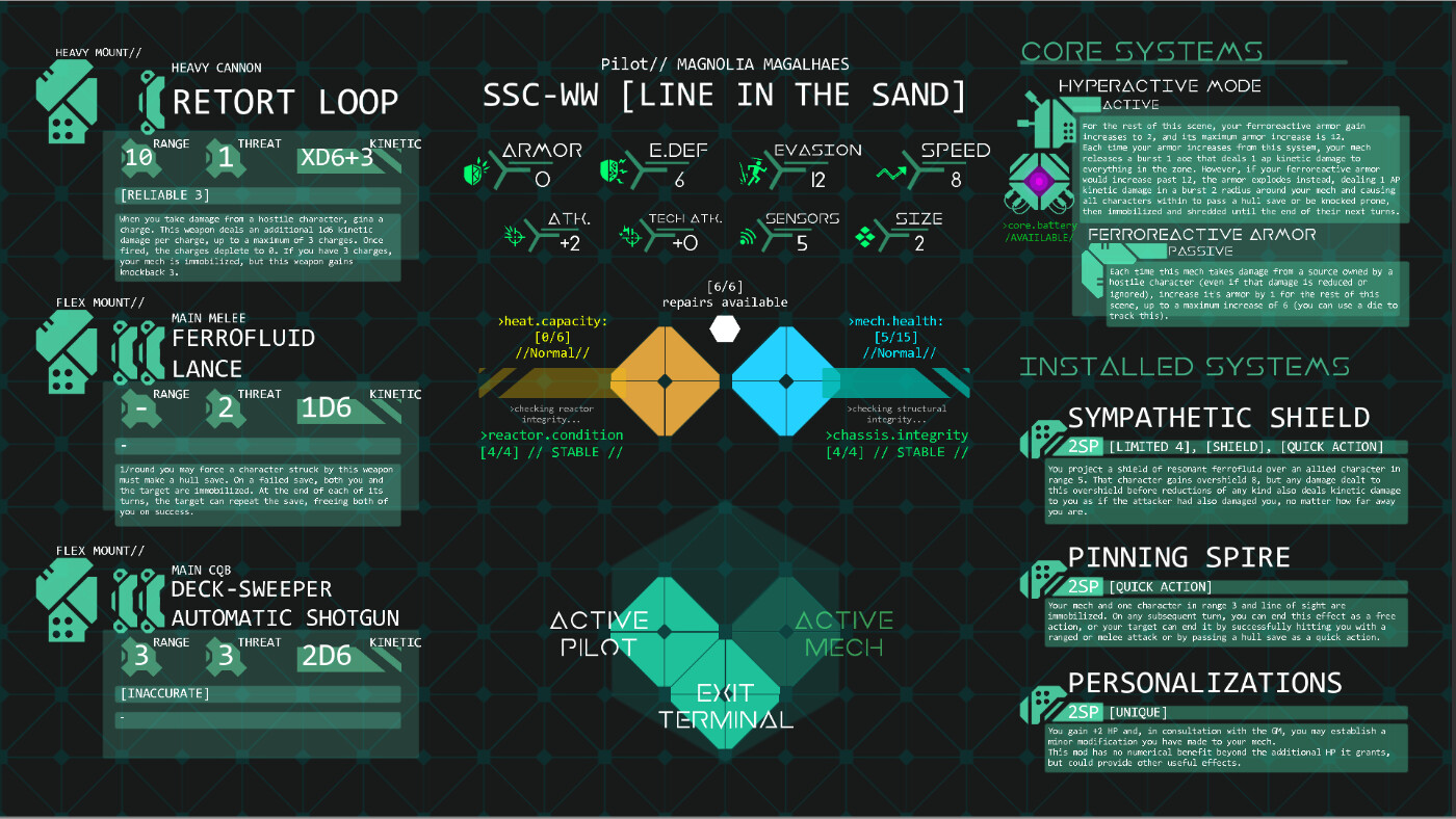Active mech screen mockup, featuring the active mech's stats, health/heat, remaining structure/reactor, and requipped systems/weapons.